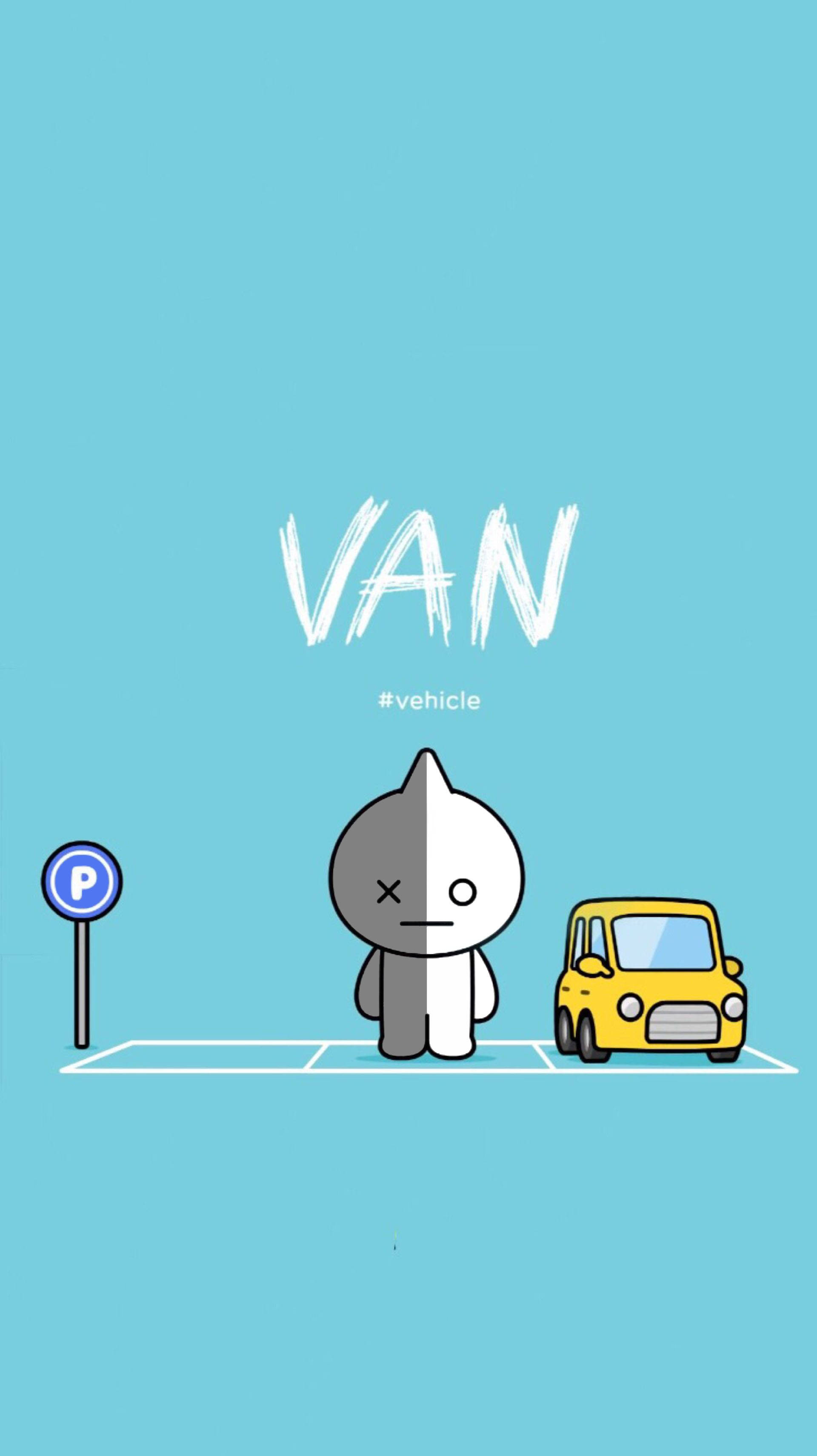 Van BT21, yellow van, split-faced cartoon character, 2K Phone Wallpaper