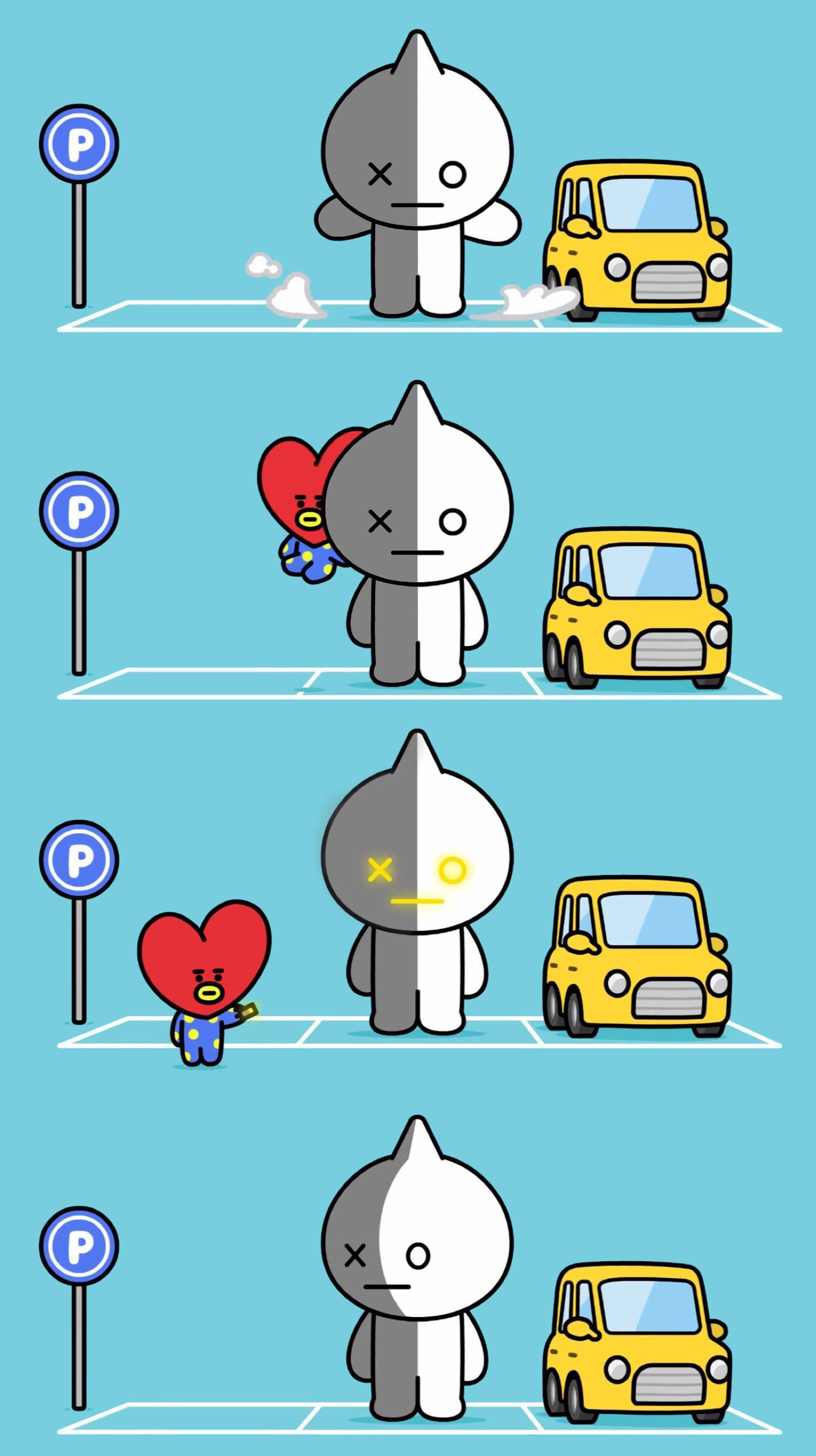 Van BT21, red heart character, yellow car, 2K Phone Wallpaper