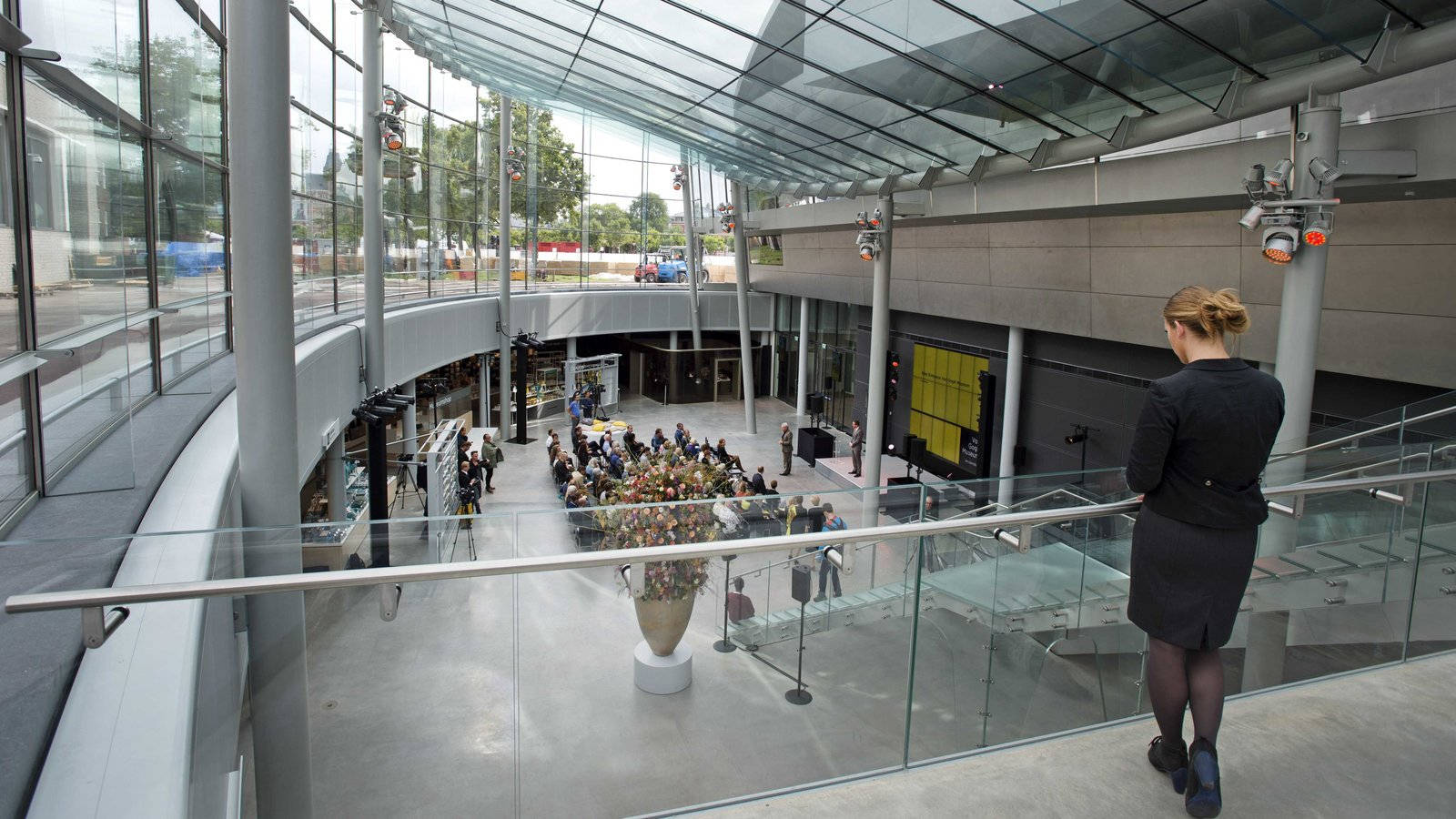 Van Gogh Museum, black suit, glass balcony, HD Desktop Wallpaper