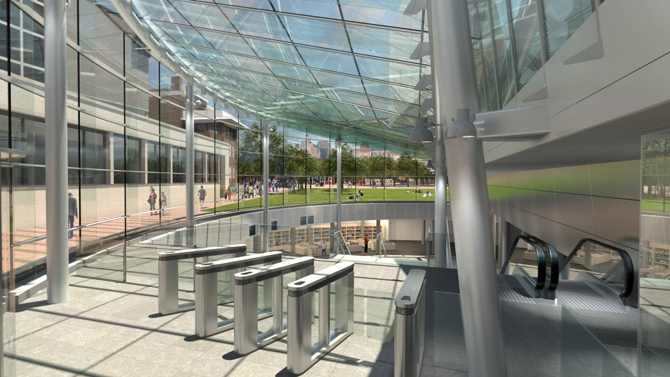 Van Gogh Museum, turnstile gates, glass-roofed transit hub, HD Desktop Wallpaper