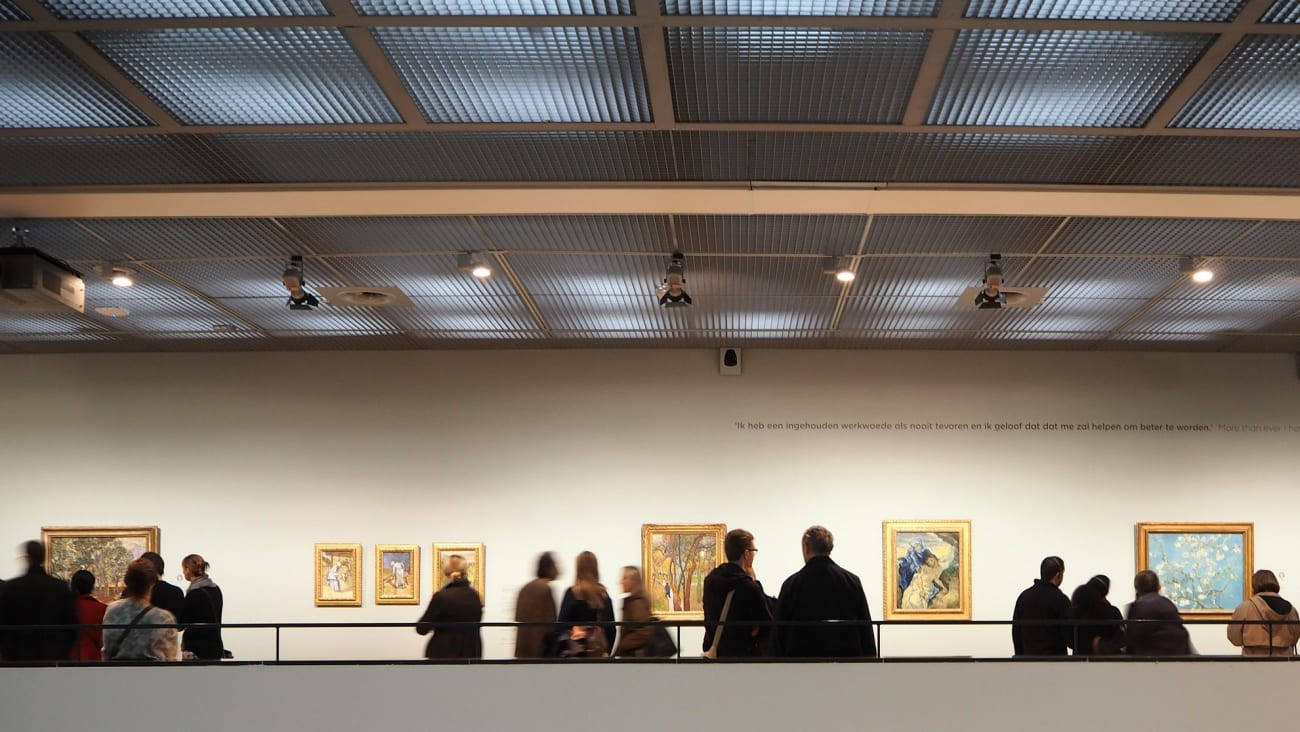 Van Gogh Museum, white walls, framed paintings, HD Desktop Wallpaper
