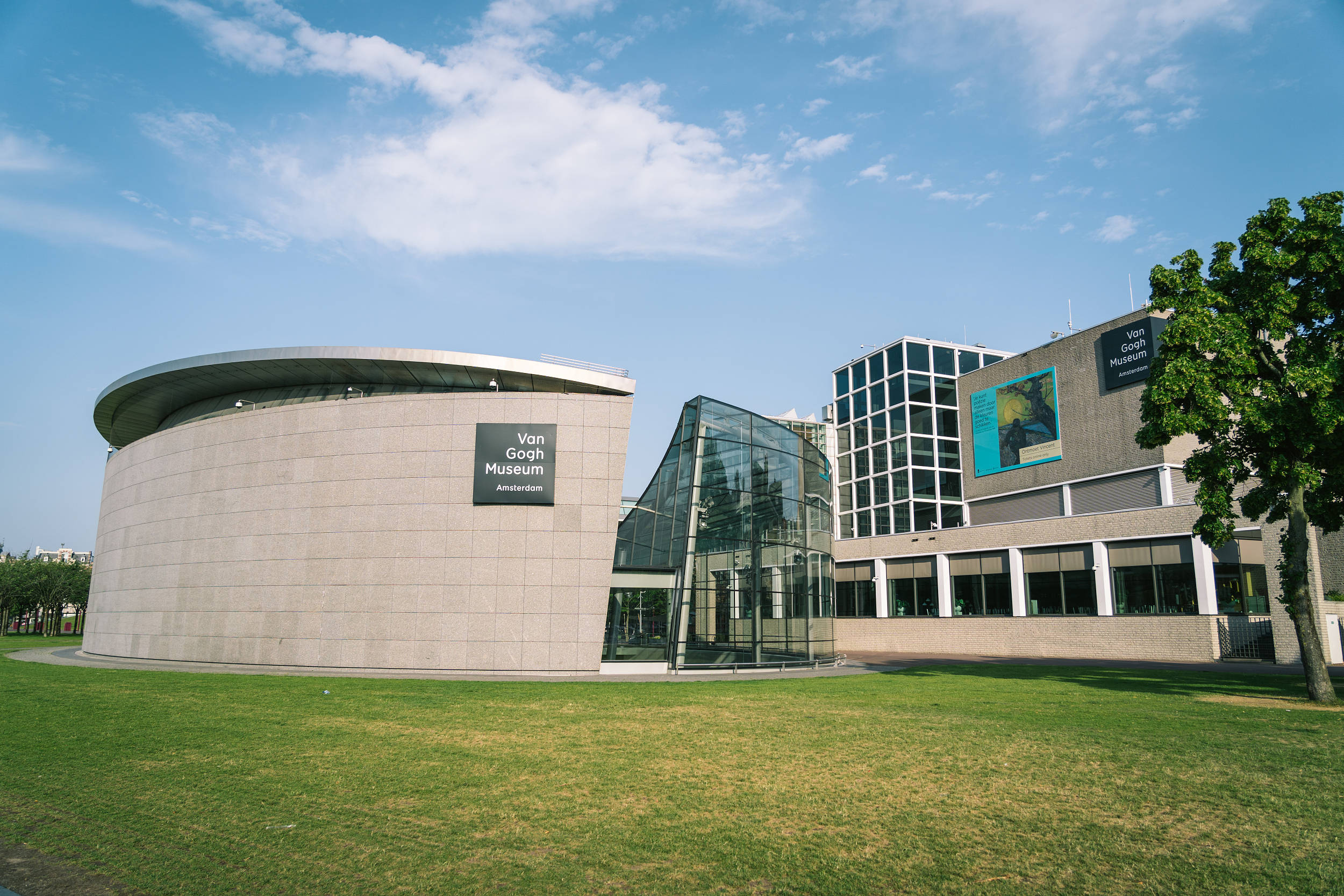 Van Gogh Museum, curved stone facade, glass wings, Full HD Desktop Wallpaper