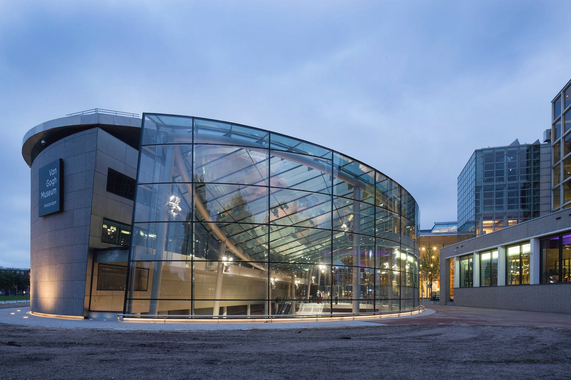Van Gogh Museum, glass windows, dusk, Full HD Desktop Wallpaper