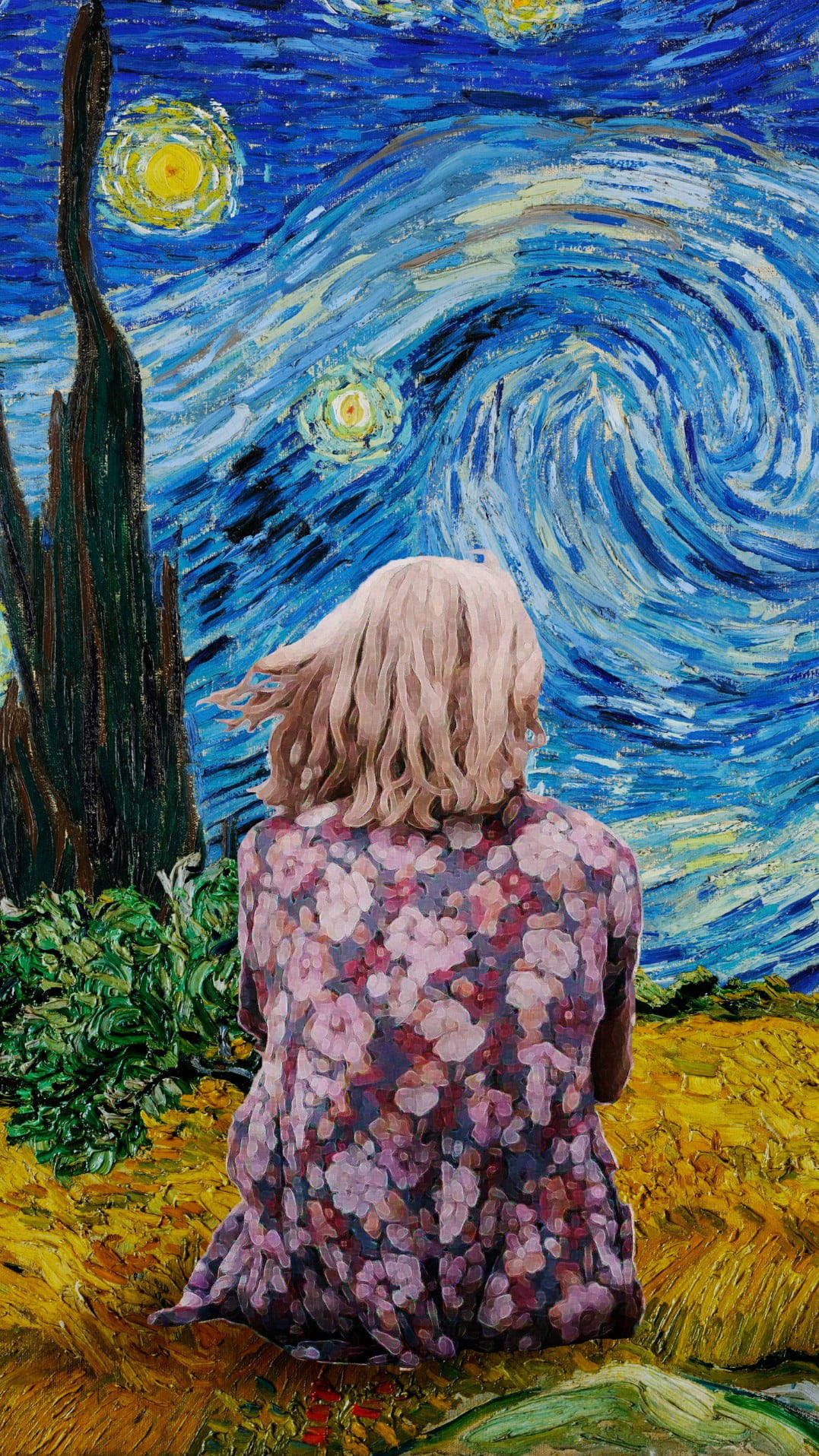 Van Gogh Starry Night, swirling starry night sky, golden wheat, HD Phone Wallpaper