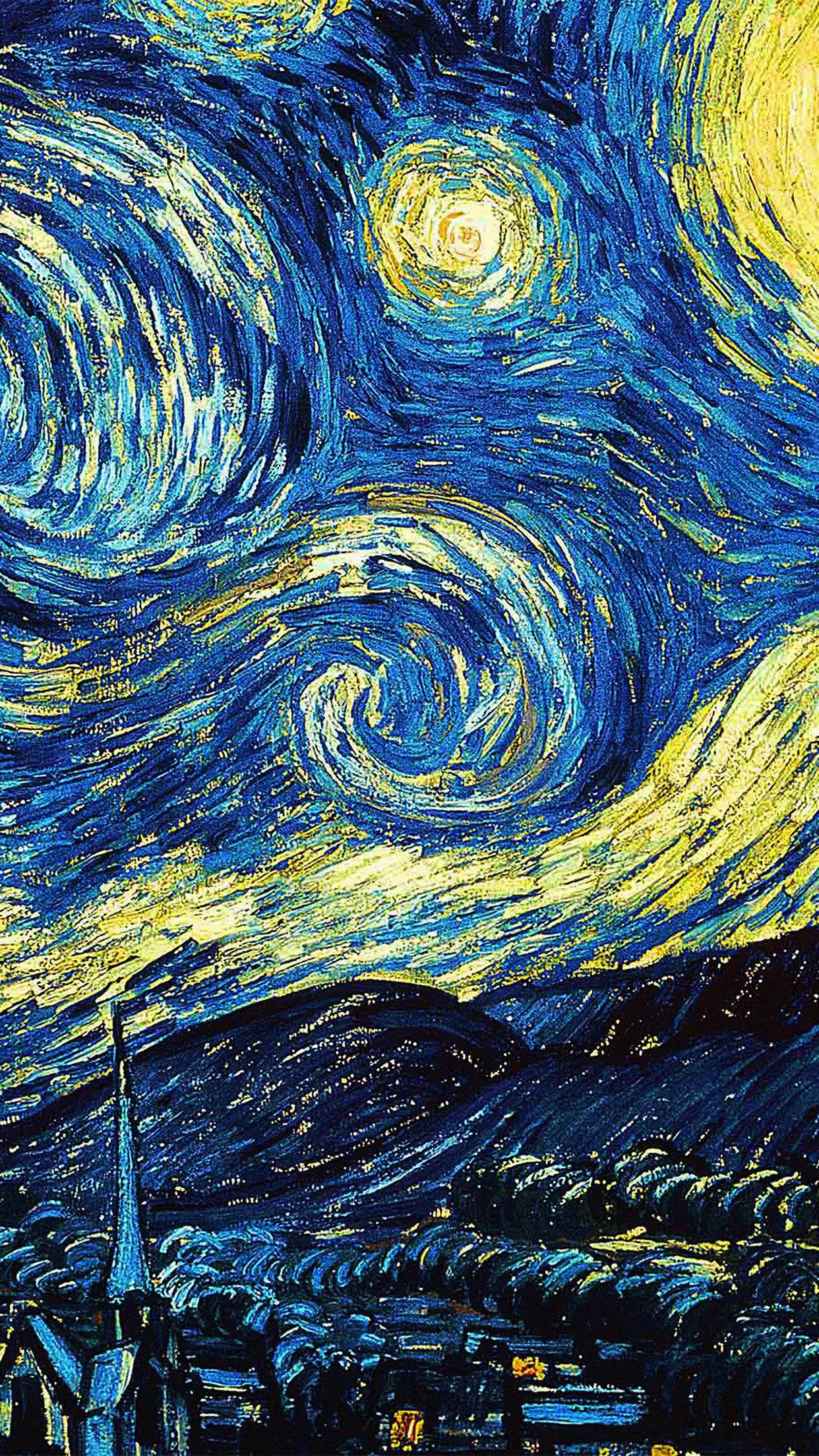 Starry Night, swirling night sky, glowing moon, Full HD Phone Wallpaper