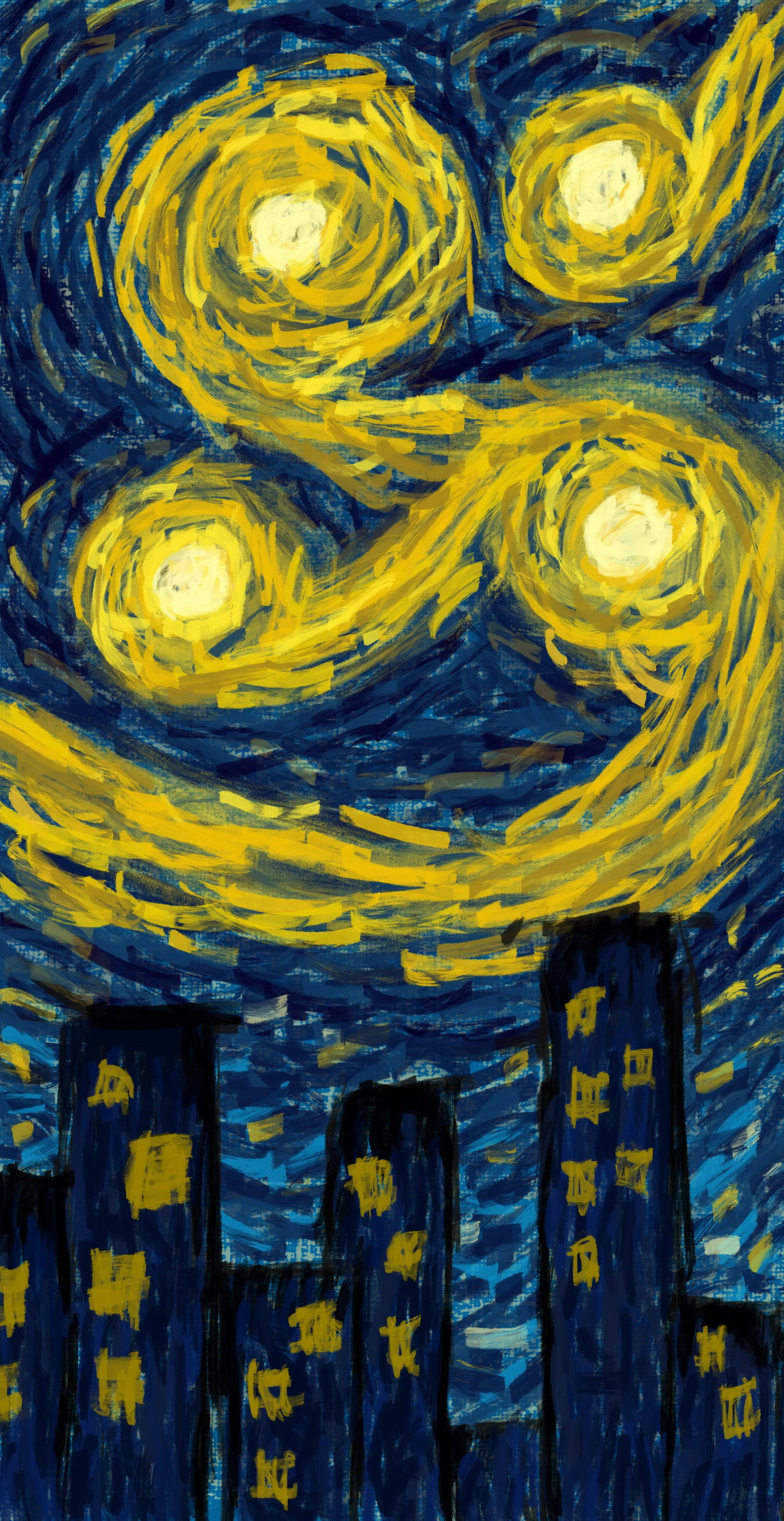 Van Gogh Starry Night, swirling night sky, radiant yellow stars, 2K Phone Wallpaper