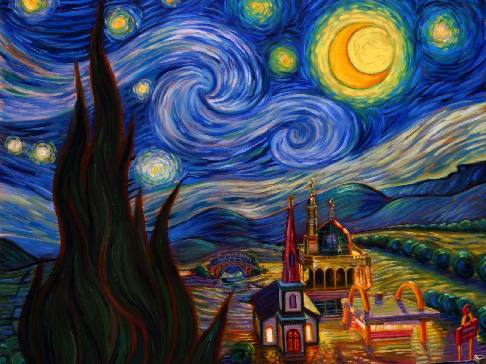 Starry Night, swirling night sky, crescent moon, HD Desktop Wallpaper