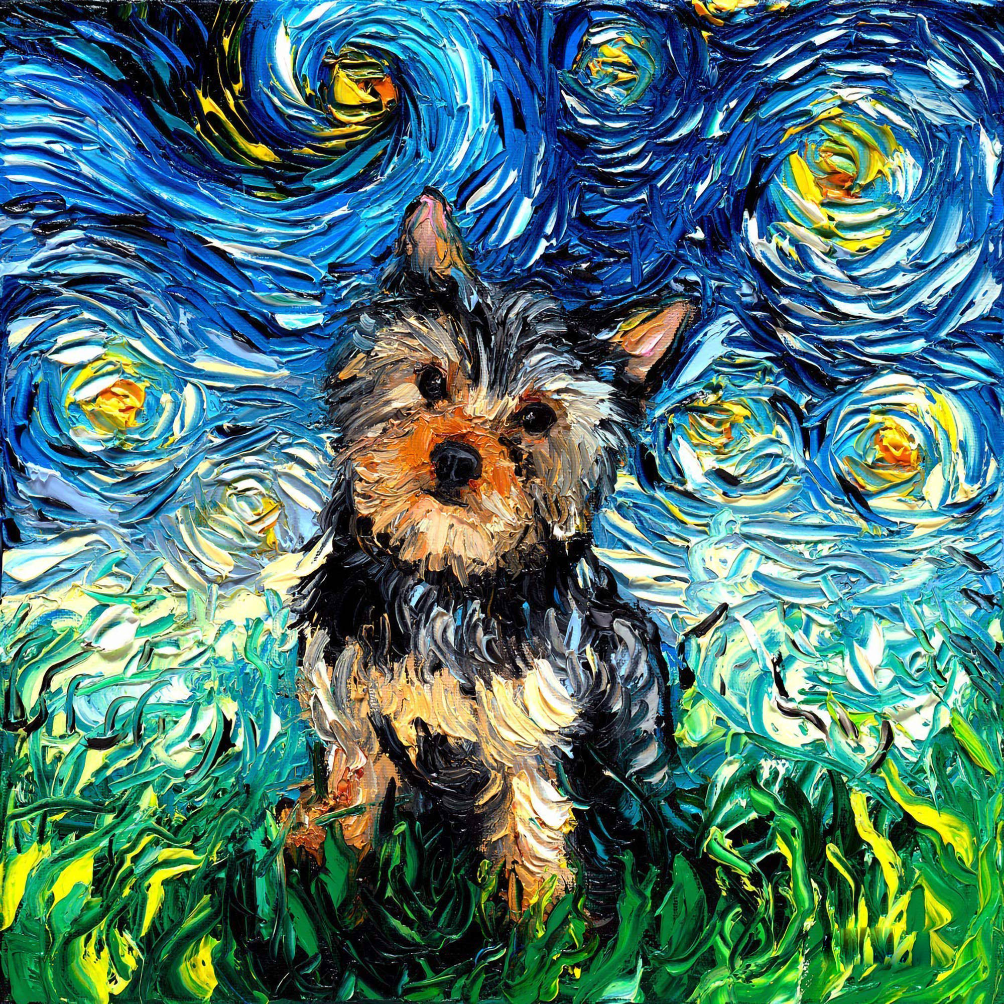 Yorkshire terrier, vibrant green grass, swirling blue and yellow starry sky, Full HD Desktop Wallpaper