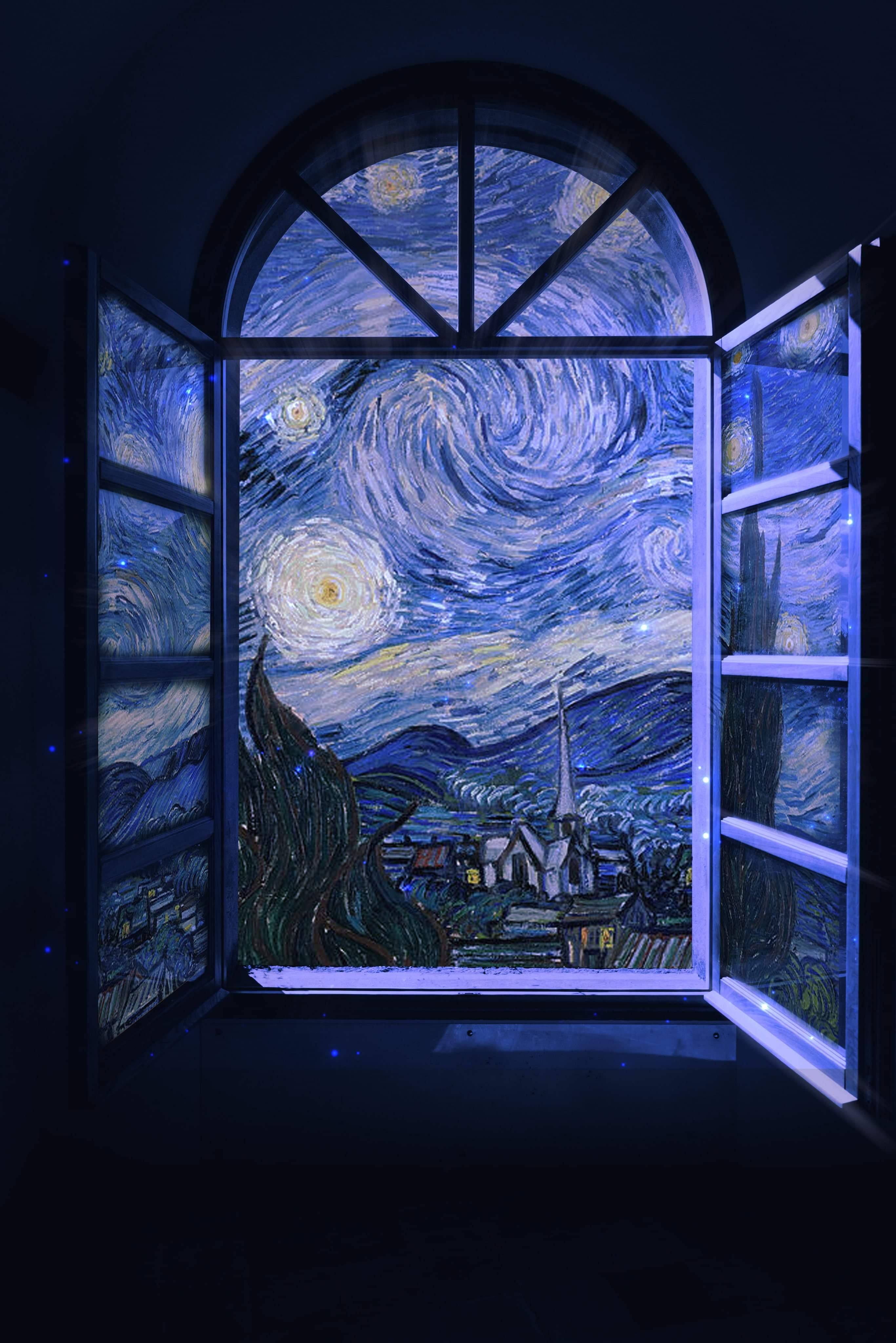 Van Gogh, Starry Night, arched window, 4K Phone Wallpaper