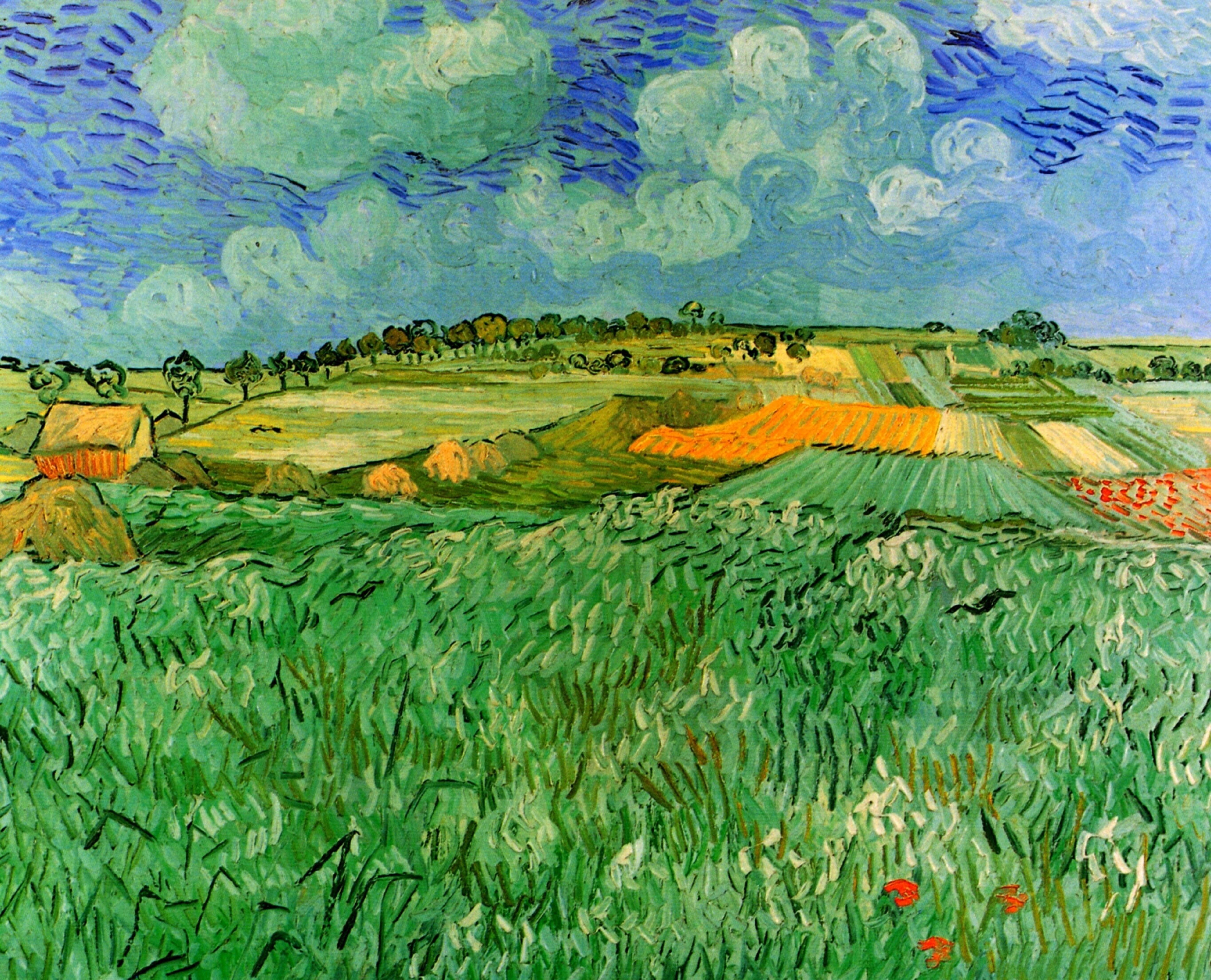 Van Gogh, Plain Near Auvers, vibrant green fields, 5K Desktop Wallpaper