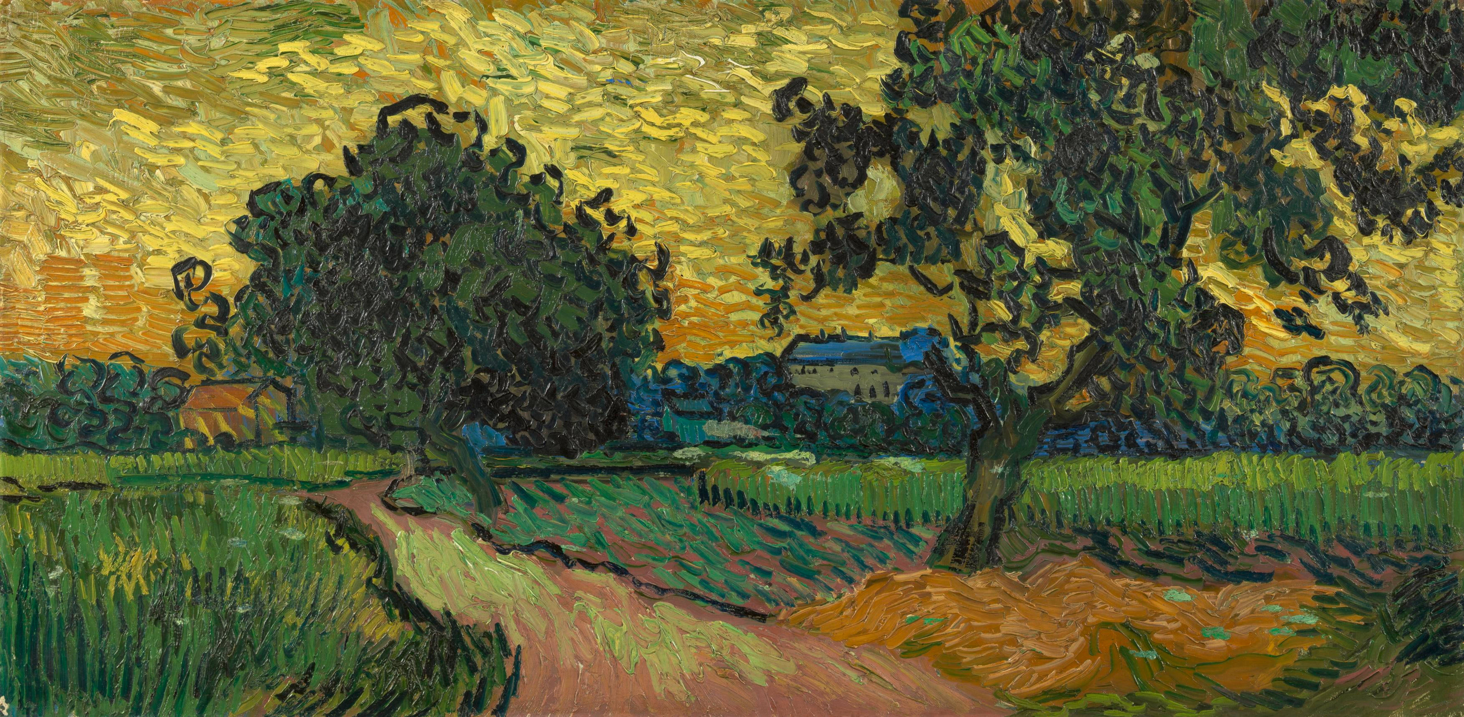Van Gogh, olive trees, golden sky, 5K Desktop Wallpaper