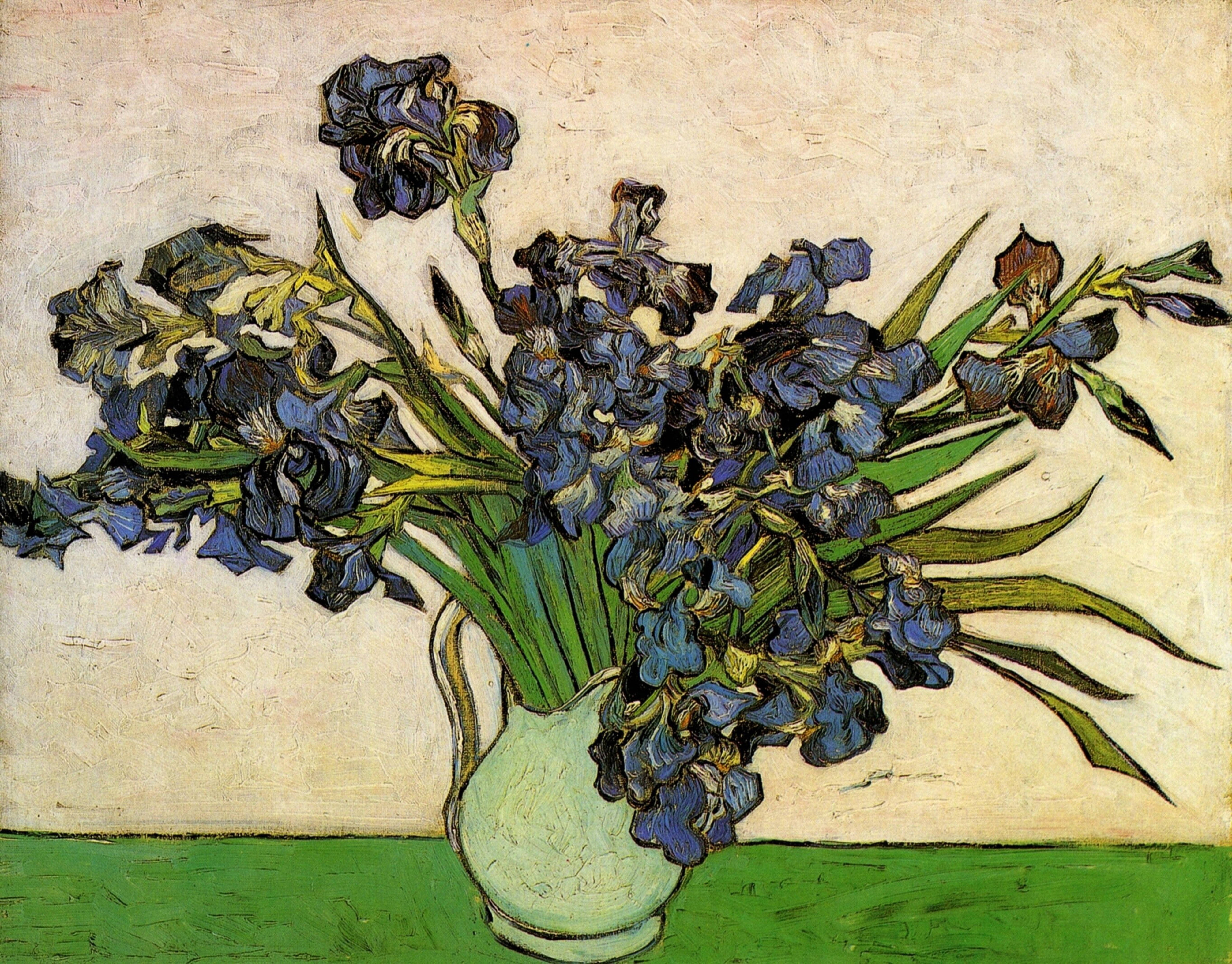 Van Gogh, vase with irises, vibrant blue irises, 5K Desktop Wallpaper