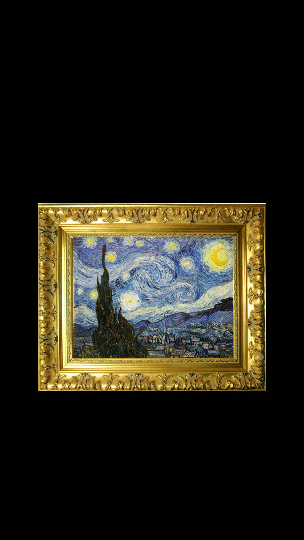 Van Gogh Starry Night, gold floral frame, swirling blue sky, Full HD Phone Wallpaper
