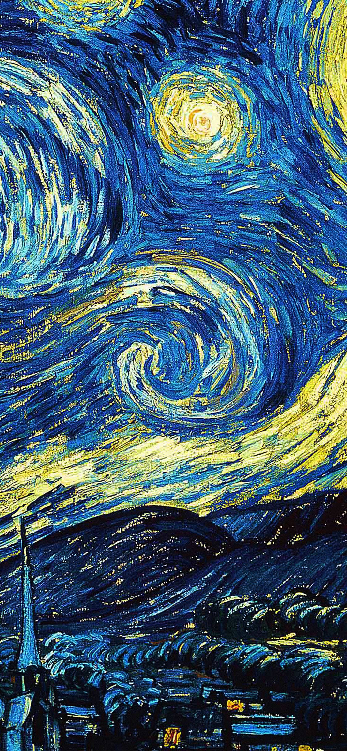 Starry Night, Vibrant swirling night sky, glowing yellow moon, Full HD Phone Wallpaper