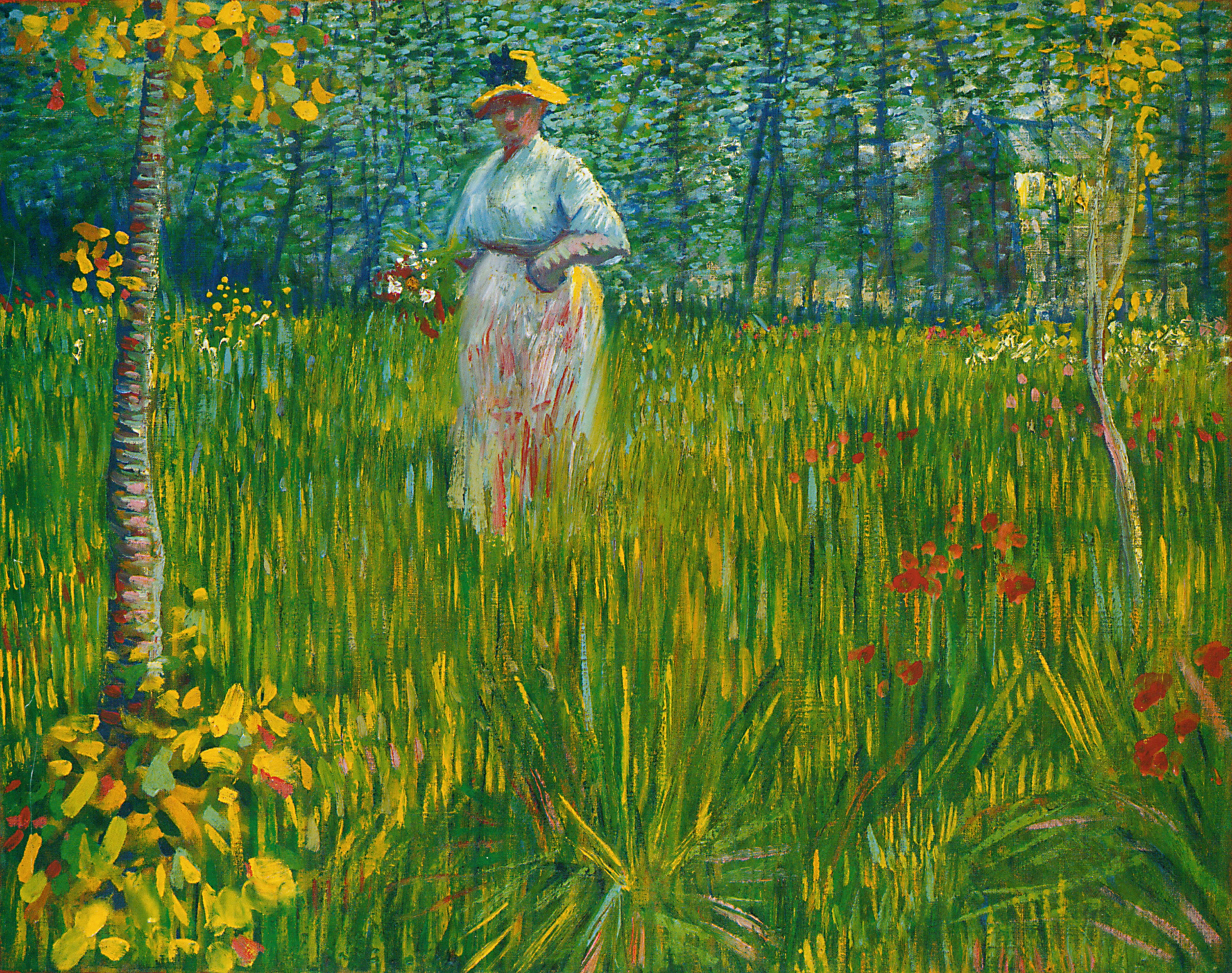 Van Gogh, woman walking in garden, yellow hat, 5K Desktop Wallpaper