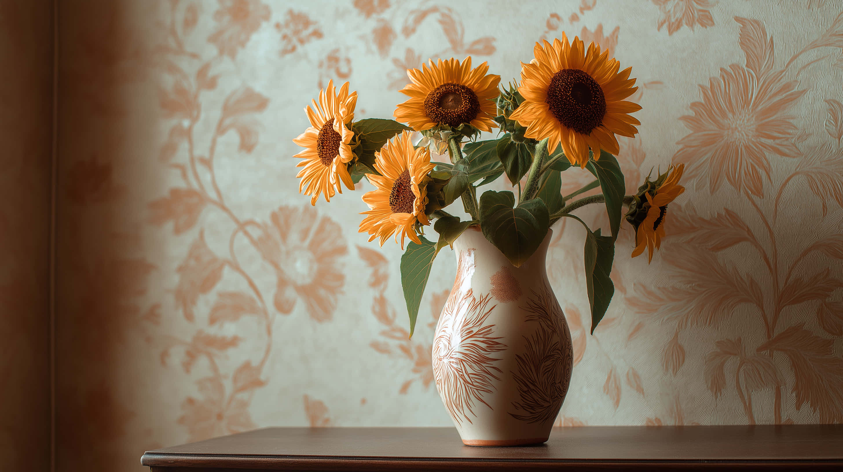 Van Gogh, sunflowers in a vase, wooden table, 2K Desktop Wallpaper