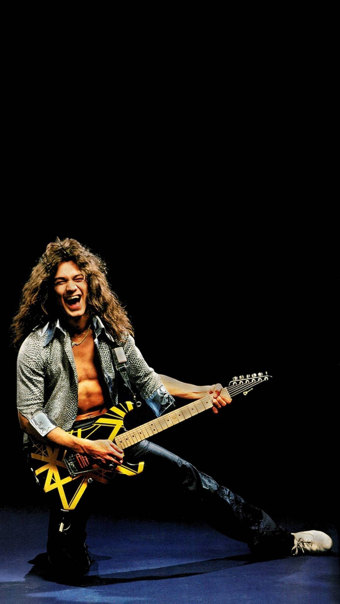 Van Halen, yellow and black guitar, dark stage, Full HD Phone Wallpaper