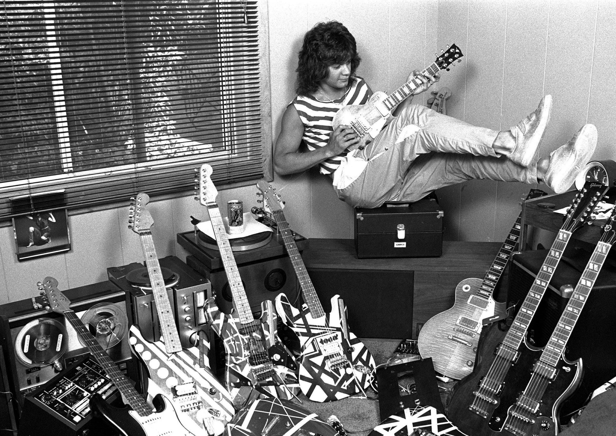 Van Halen, black and white guitars, electric guitars, Full HD Desktop Wallpaper