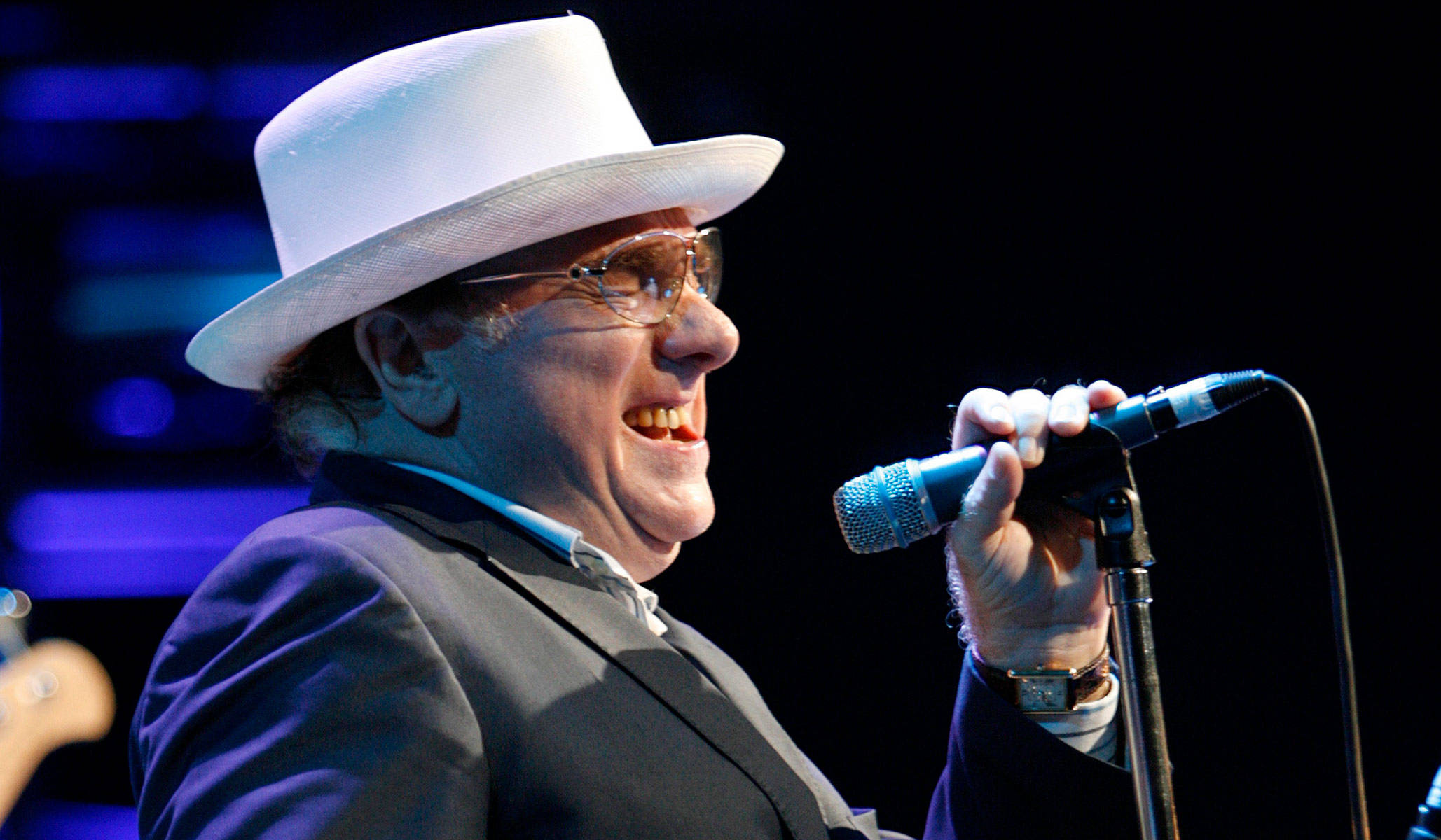 Van Morrison, white fedora, glasses, Full HD Desktop Wallpaper