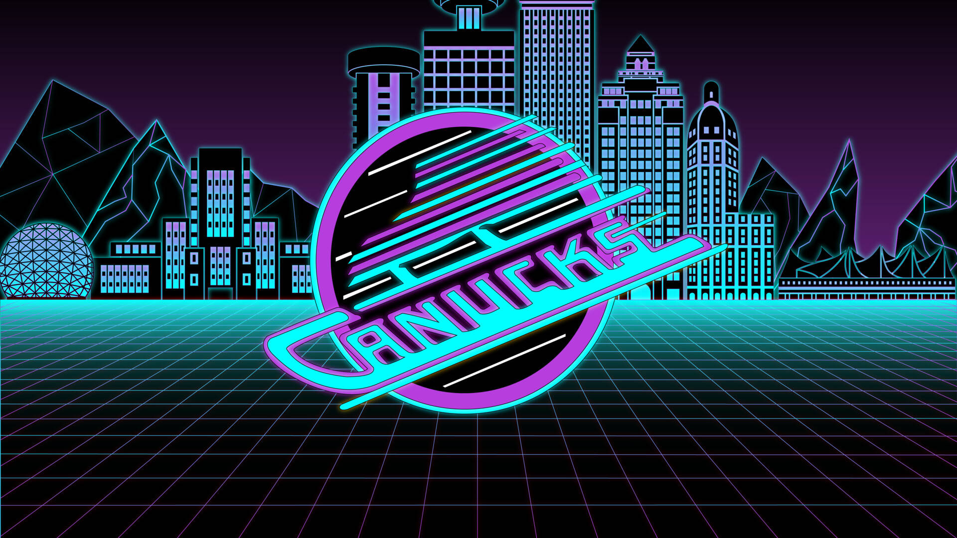 Vancouver Canucks, neon, retro-futuristic city skyline, Full HD Desktop Wallpaper