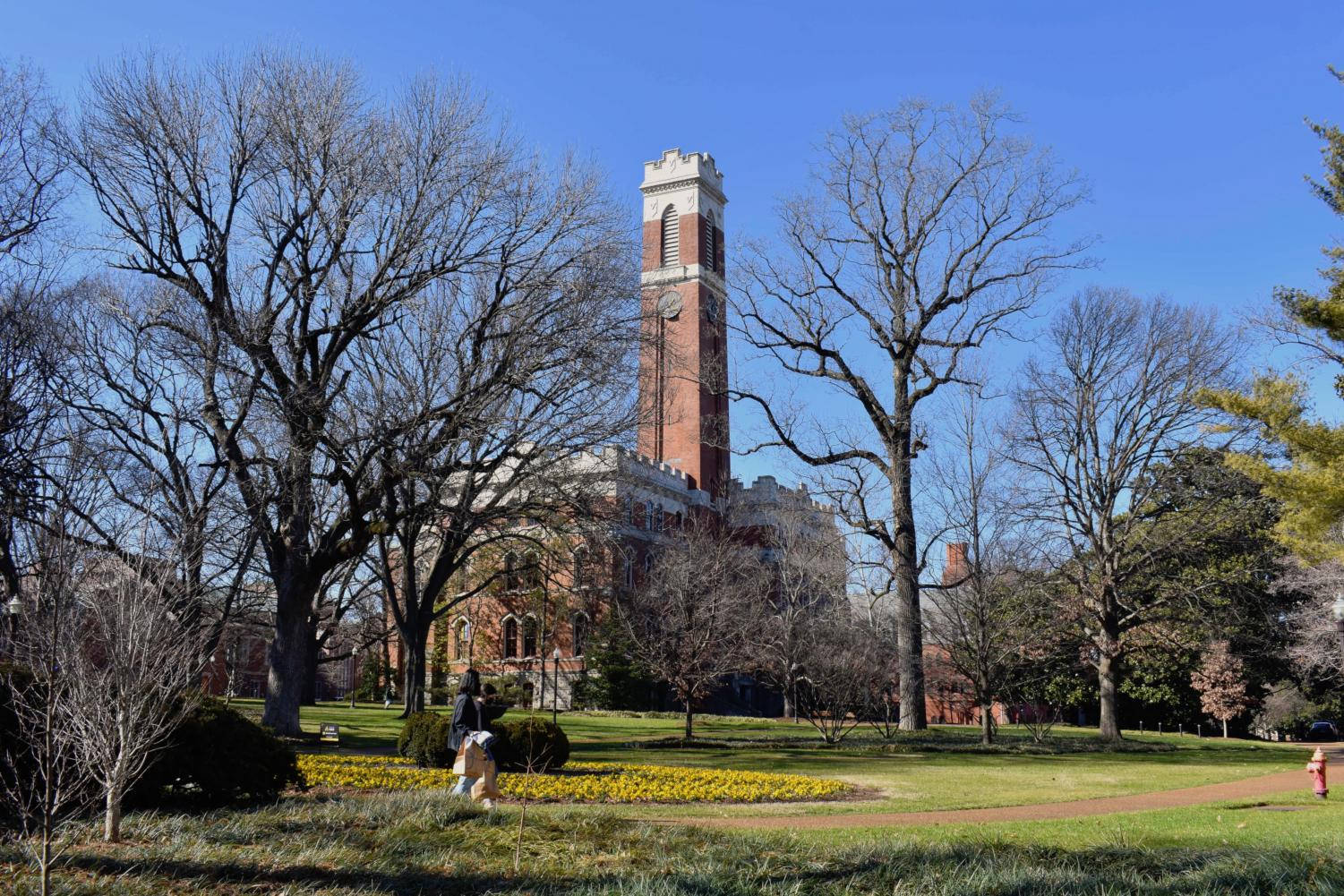 Vanderbilt University, brick clock tower, winter trees, HD Desktop Wallpaper