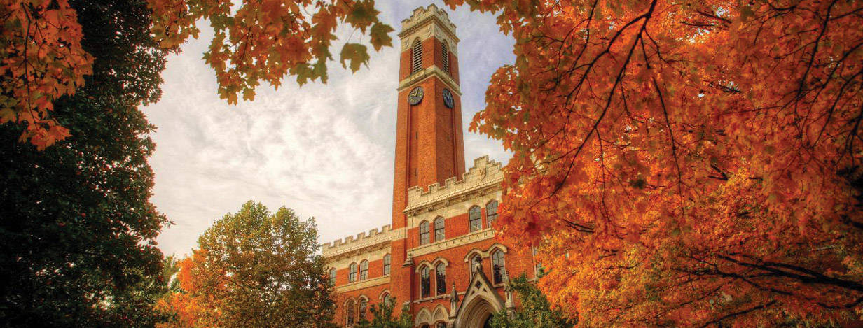 Vanderbilt University, brick clock tower, fiery orange autumn leaves, SD Desktop Wallpaper