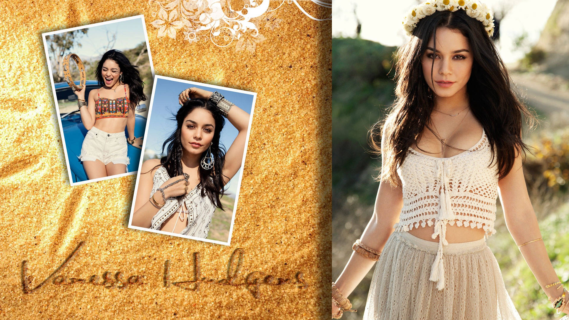 Vanessa Hudgens, boho crochet attire, daisy crown, Full HD Desktop Wallpaper