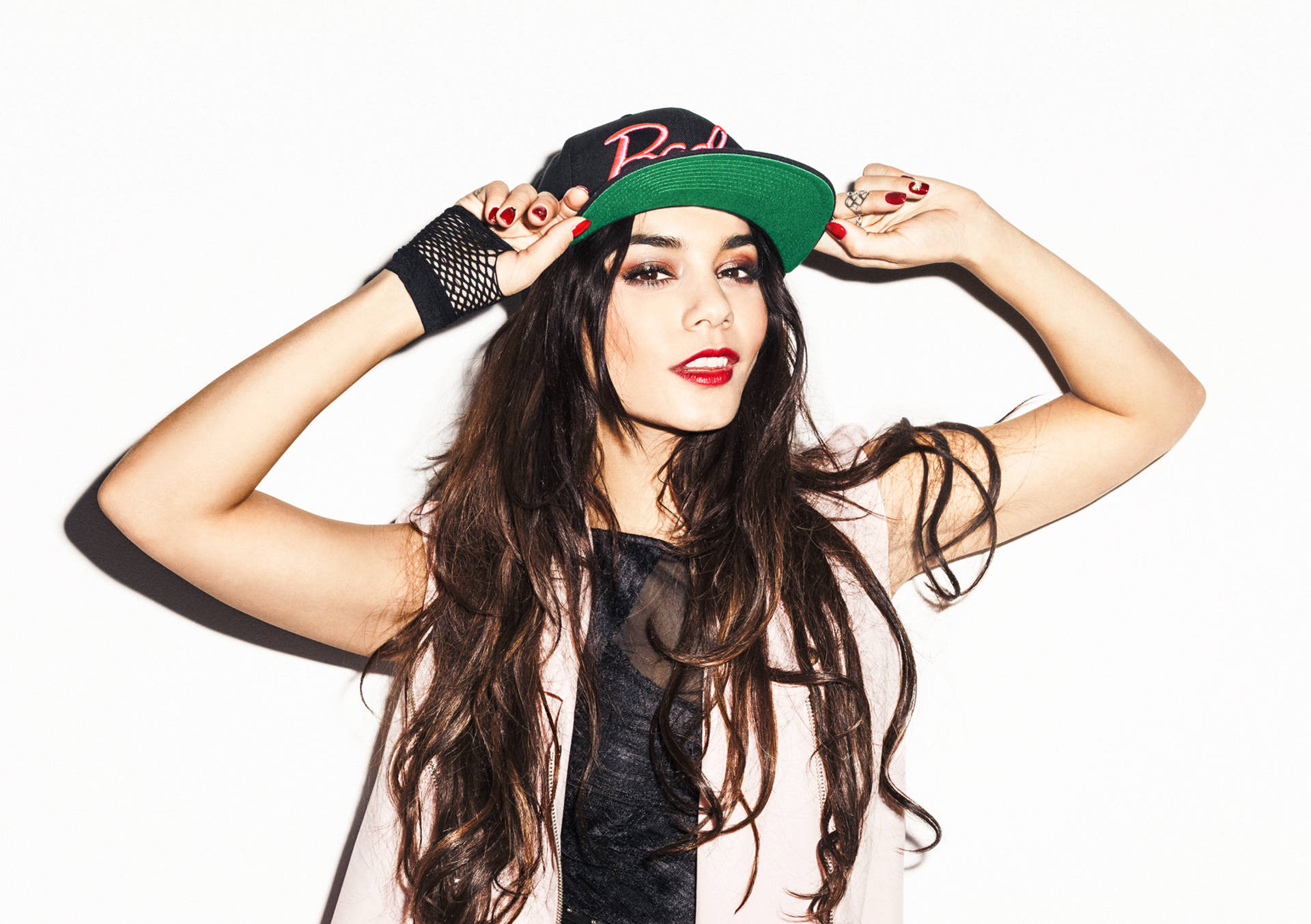 Vanessa Hudgens, baseball cap, green and black cap, Full HD Desktop Wallpaper
