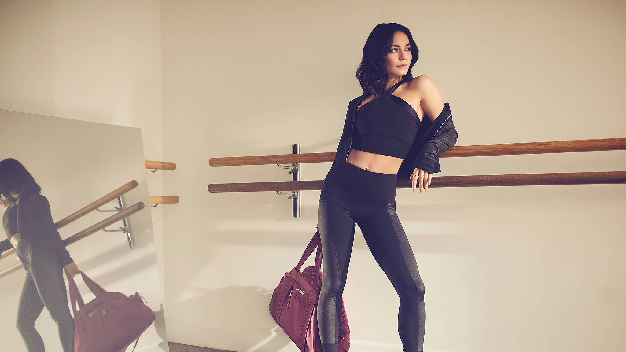 Vanessa Hudgens, black athletic wear, ballet barres, Full HD Desktop Wallpaper