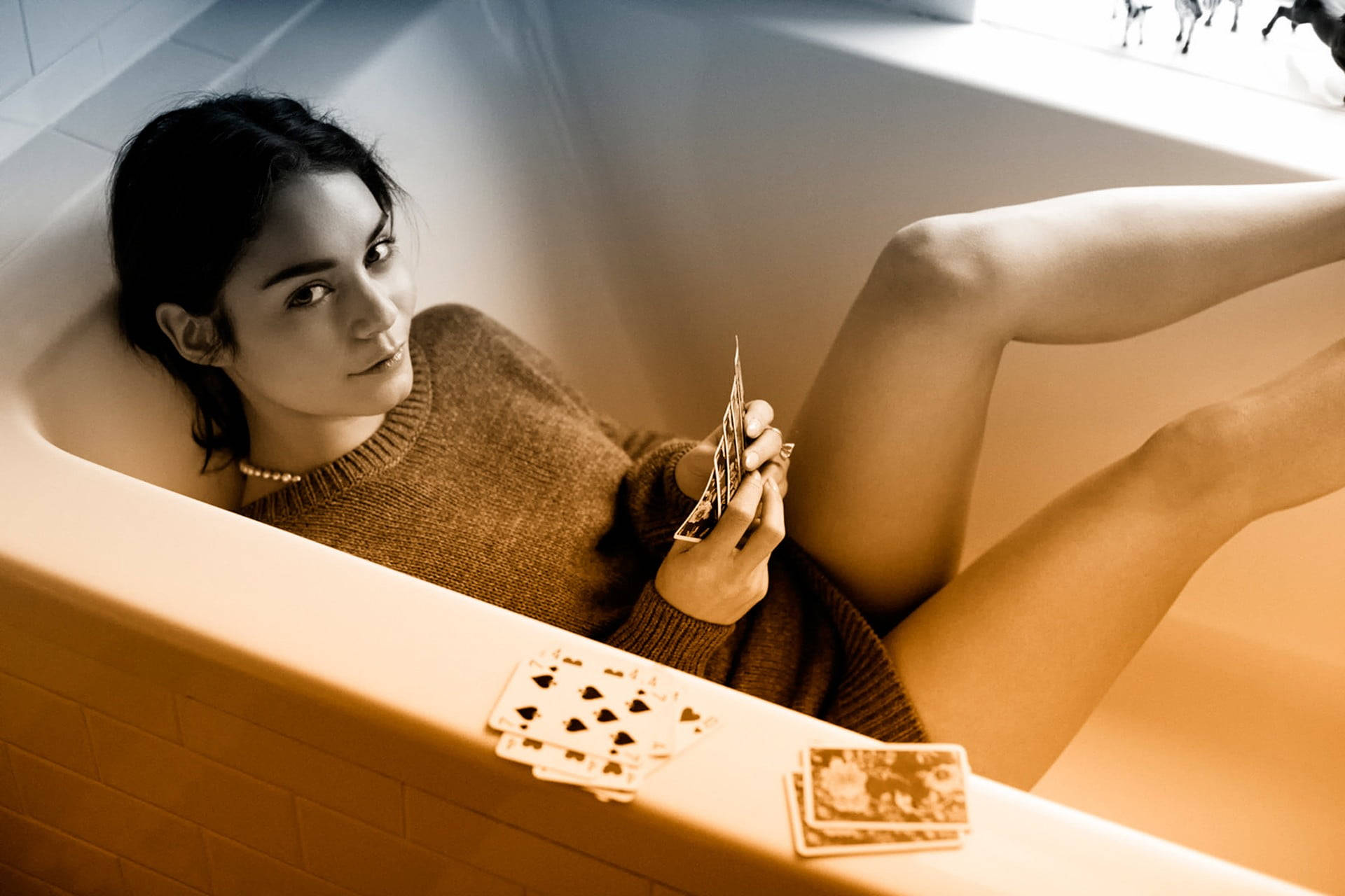 Vanessa Hudgens, brown sweater, bathtub, Full HD Desktop Wallpaper