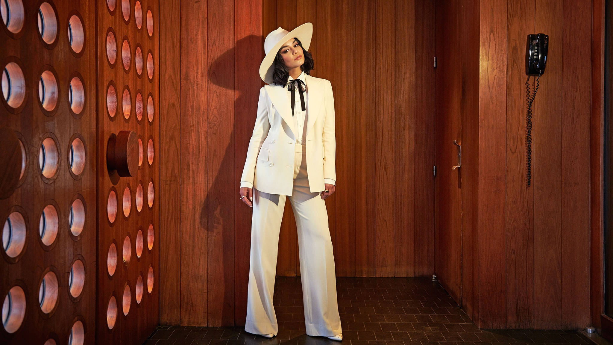 Vanessa Hudgens, white suit, hat, Full HD Desktop Wallpaper