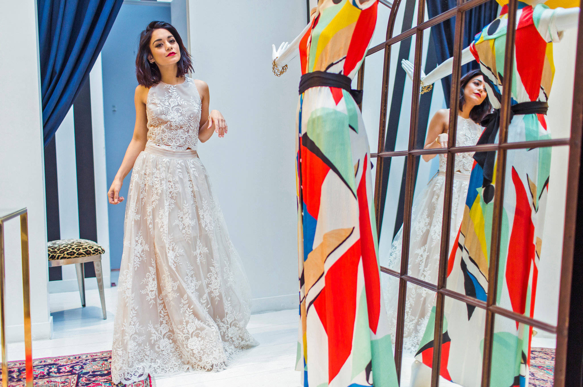 Vanessa Hudgens, white lace gown, vibrant abstract dress, Full HD Desktop Wallpaper