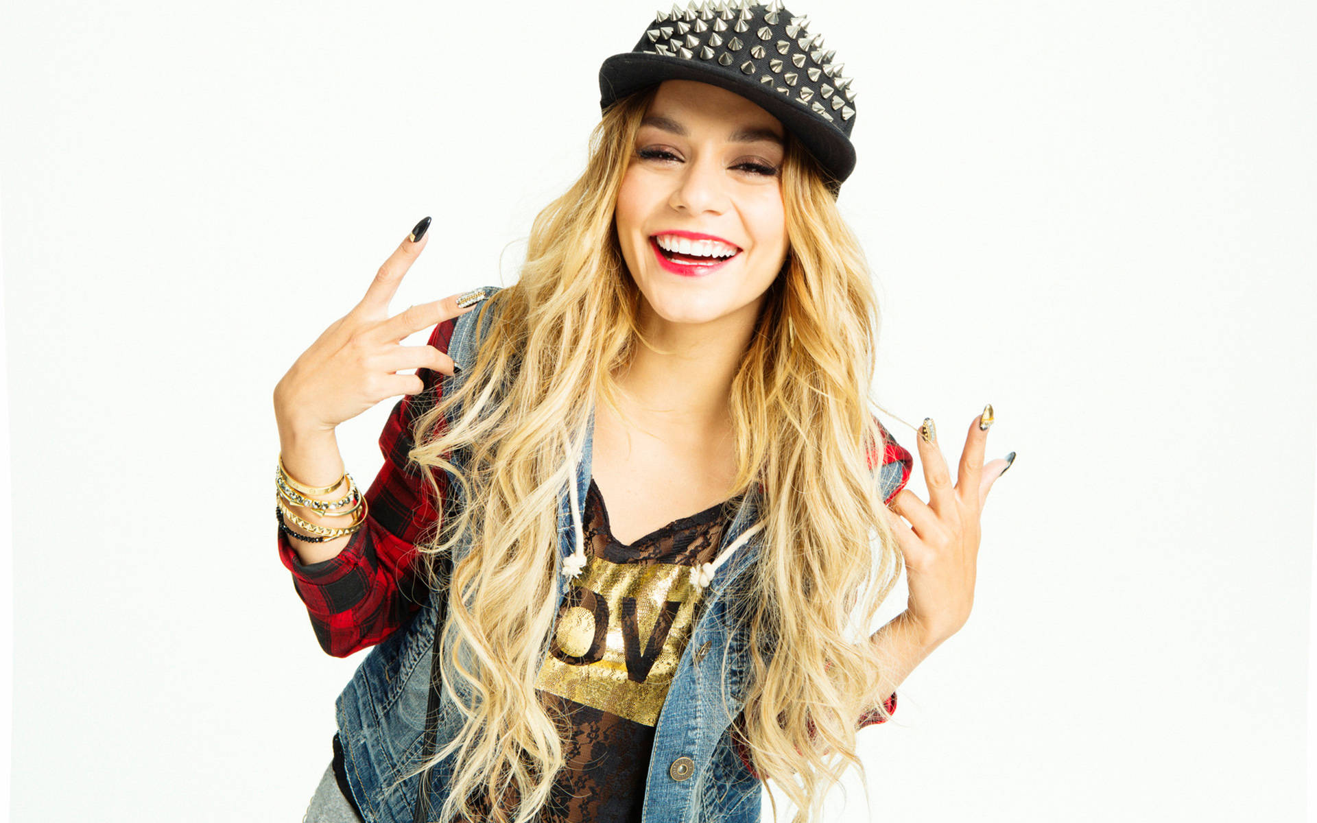 Vanessa Hudgens, studded cap, denim vest, Full HD Desktop Wallpaper