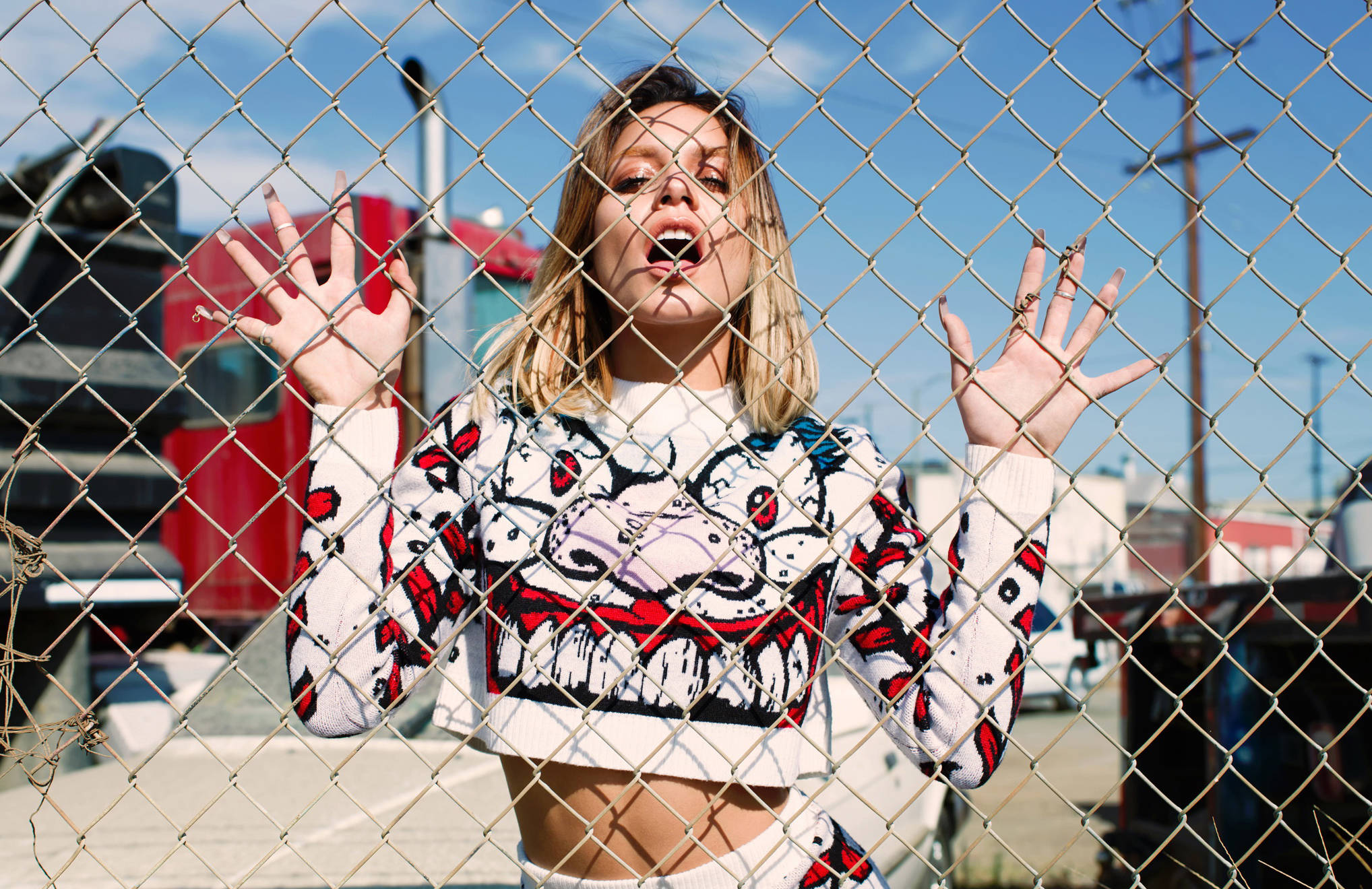 Vanessa Hudgens, chain-link fence, graphic sweater, Full HD Desktop Wallpaper
