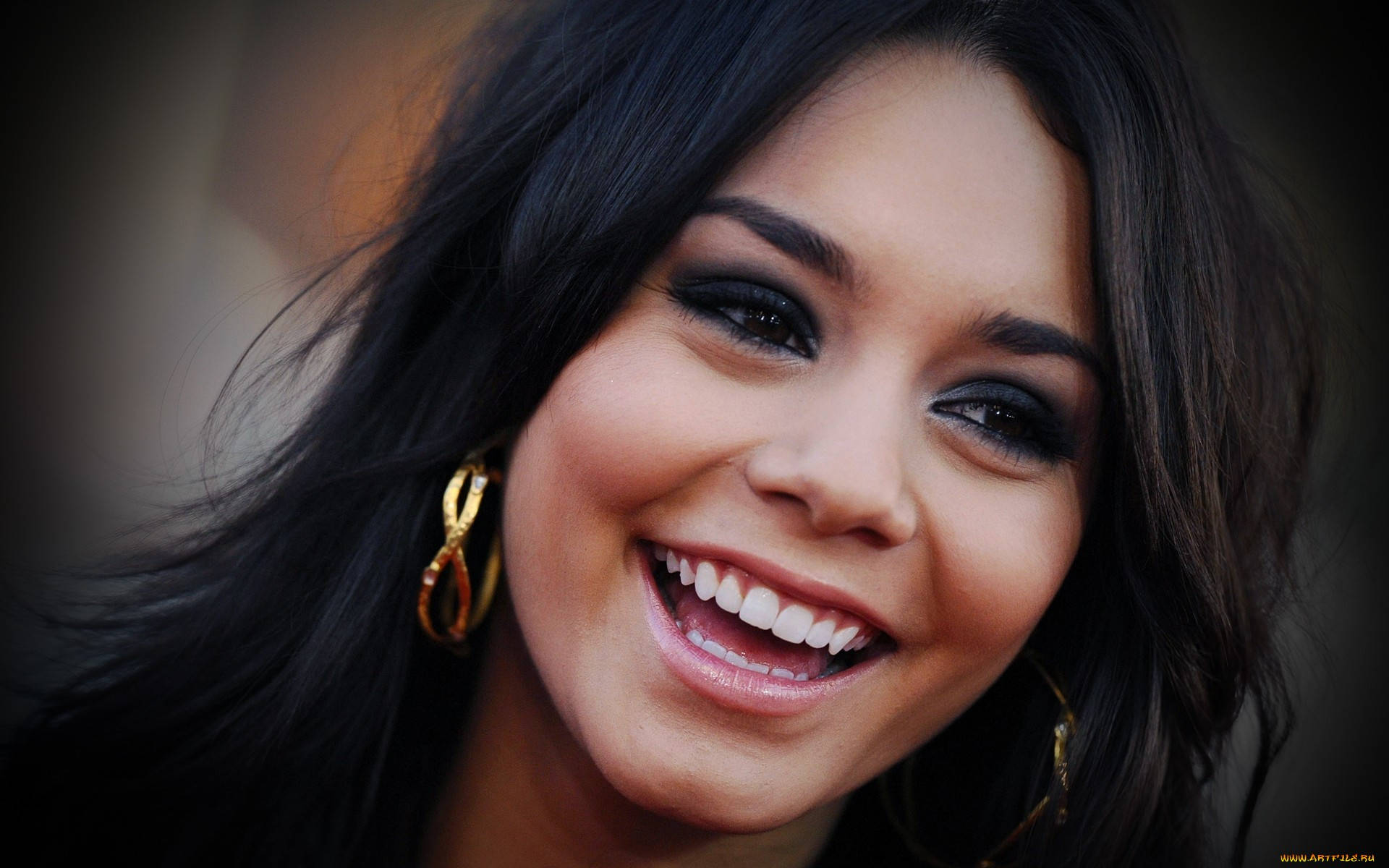 Vanessa Hudgens, dark hair, gold hoop earrings, Full HD Desktop Wallpaper