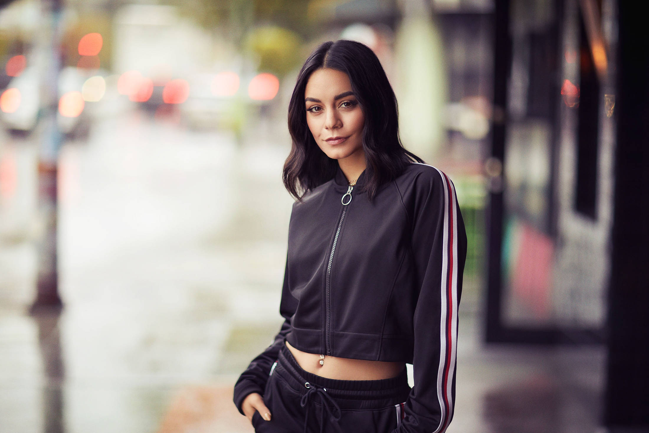 Vanessa Hudgens, black track jacket, wet city street, Full HD Desktop Wallpaper