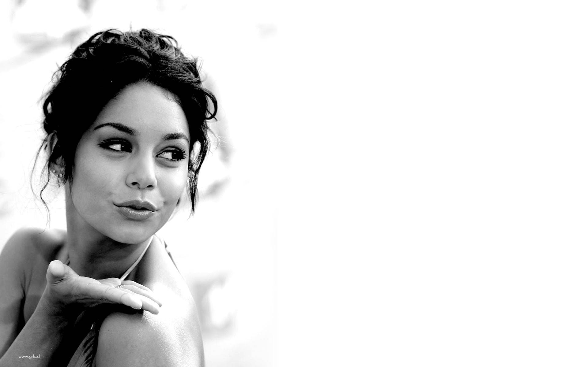 Vanessa Hudgens, black and white portrait, dark hair, Full HD Desktop Wallpaper