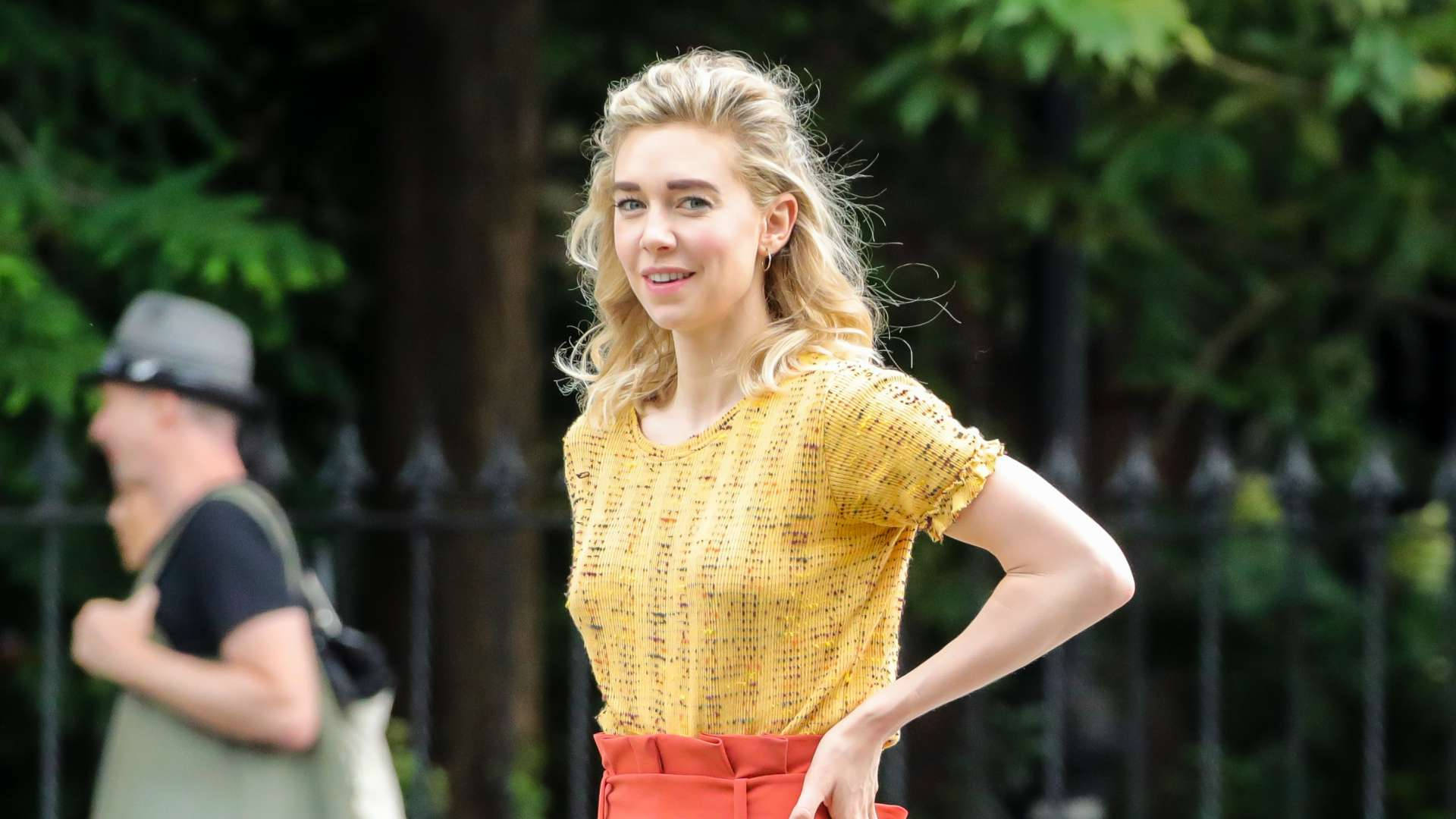 Vanessa Kirby, yellow textured top, red pants, Full HD Desktop Wallpaper