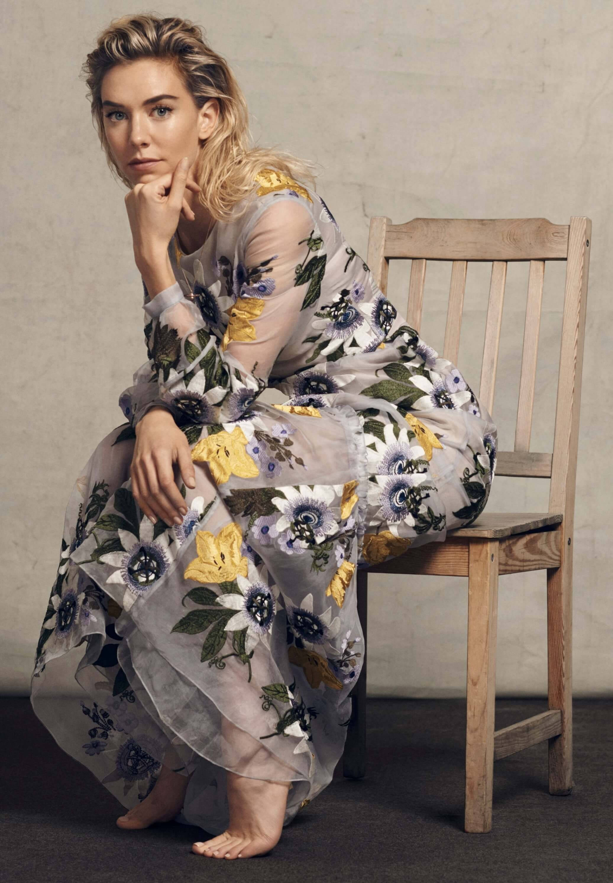 Vanessa Kirby, floral embroidered gown, wooden chair, 2K Phone Wallpaper