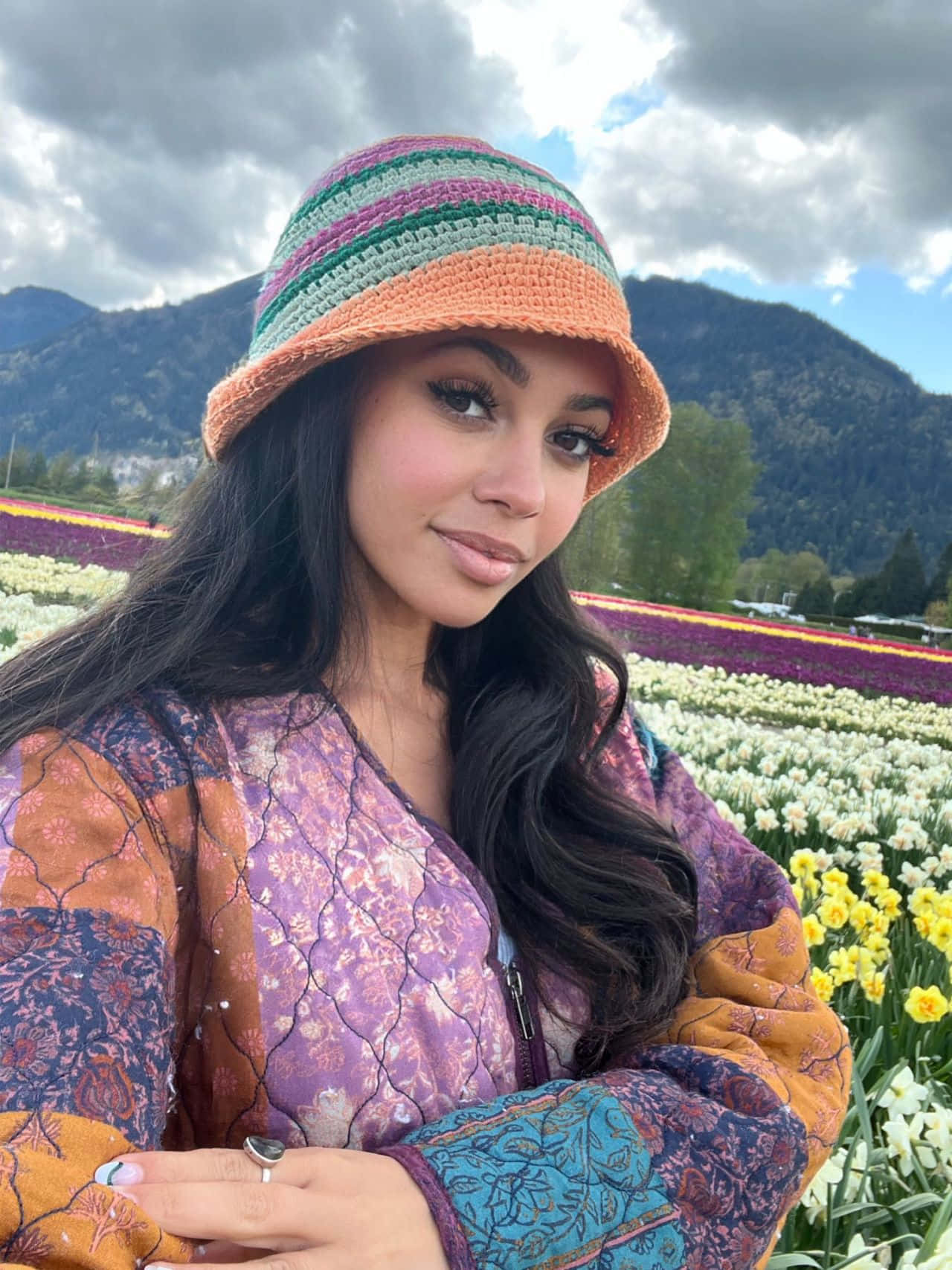 Vanessa Morgan, colorful striped hat, vibrant tulip fields, HD Phone Wallpaper