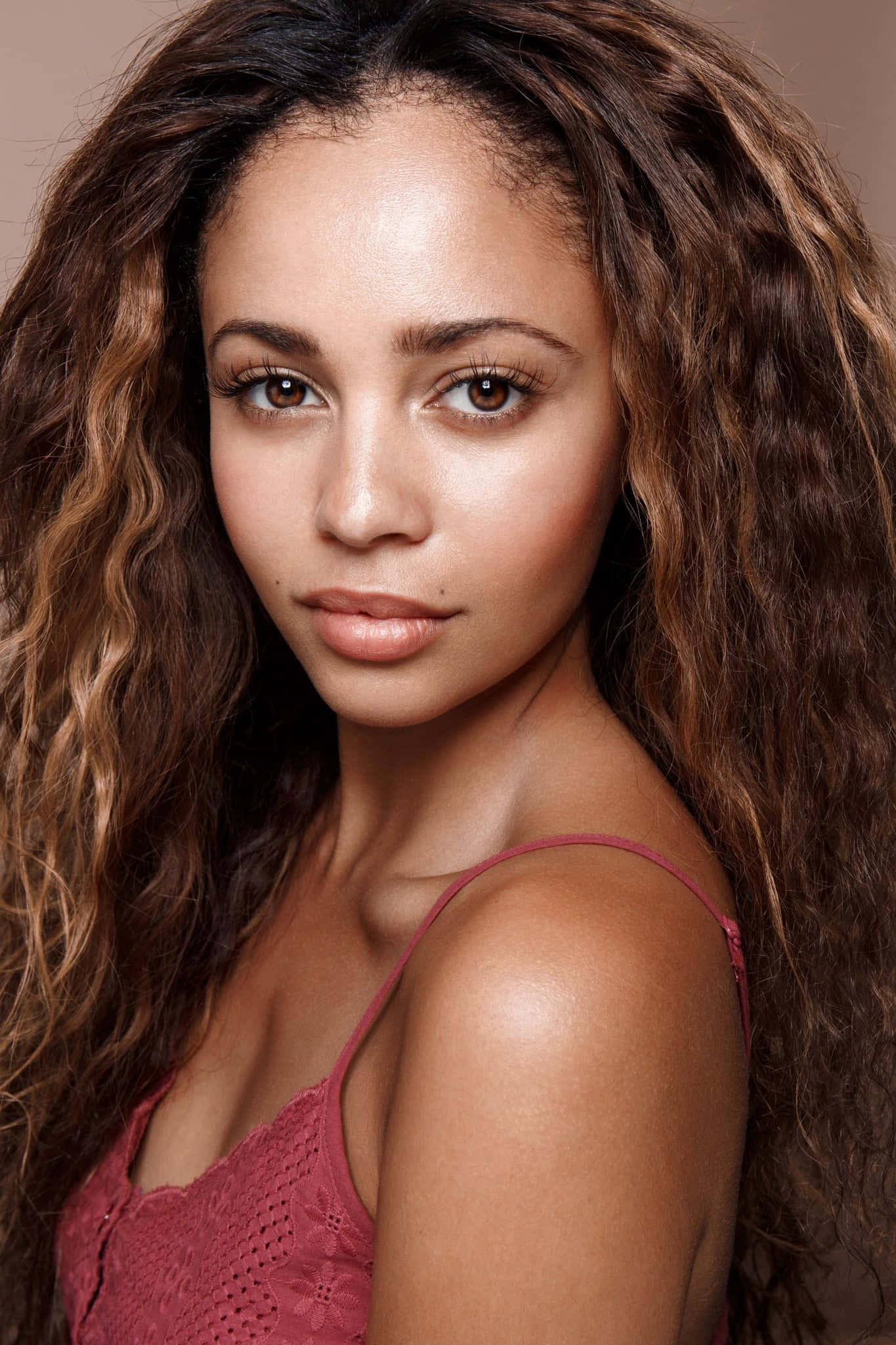 Vanessa Morgan, long wavy brown hair, warm brown eyes, Full HD Phone Wallpaper