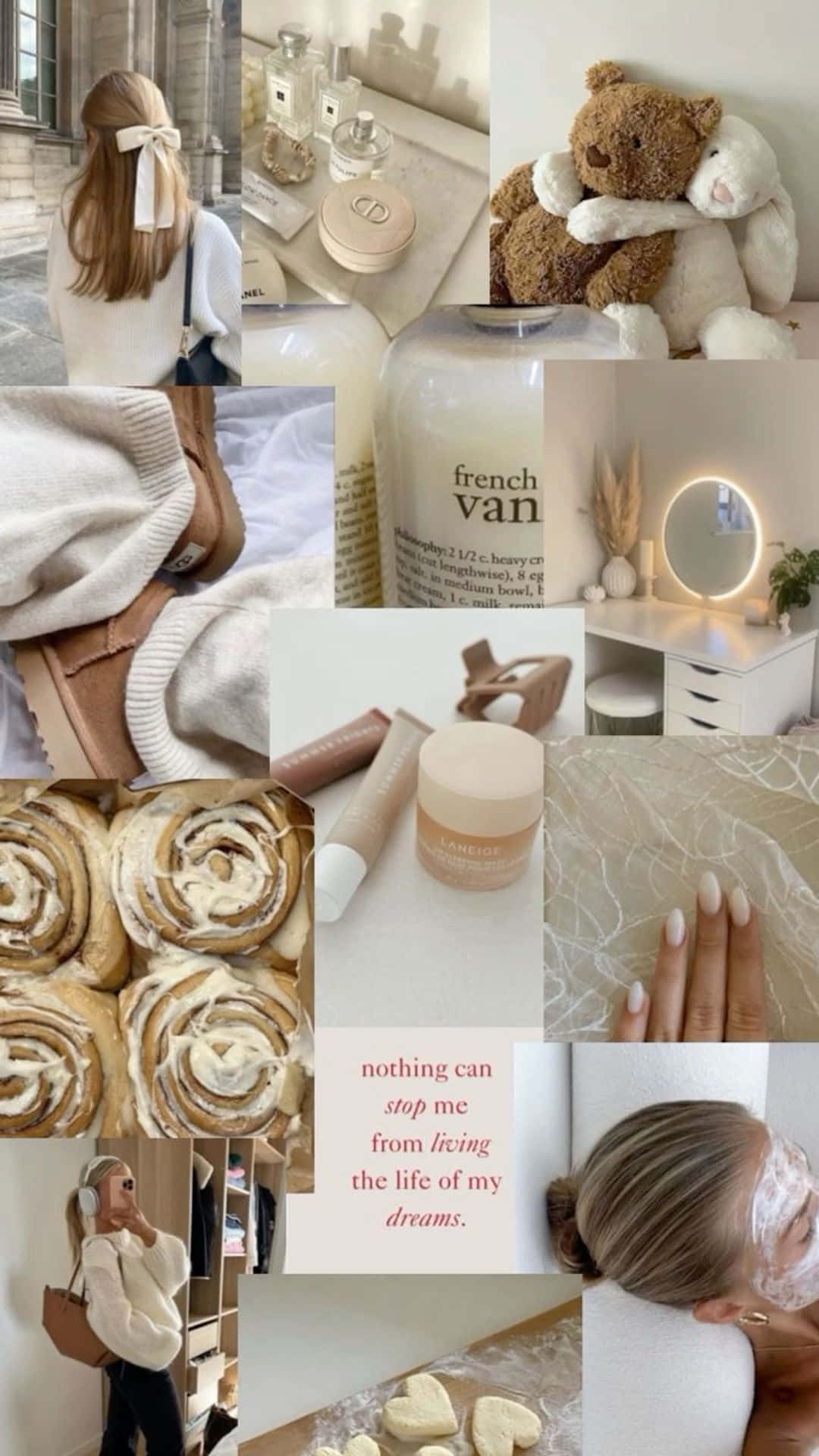 Vanilla Girl Aesthetic, cinnamon rolls skincare products, teddy bear, Full HD Phone Wallpaper