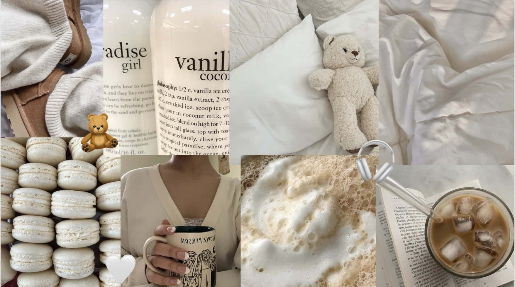 Vanilla Girl Aesthetic, vanilla-scented products, macarons, HD Desktop Wallpaper