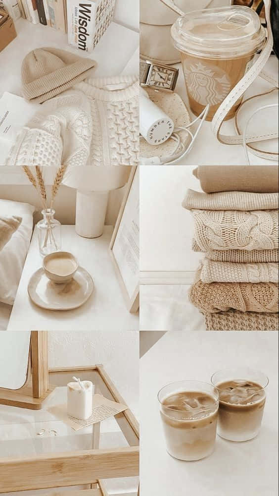 Vanilla Girl Aesthetic, beige knitwear, coffee drinks, SD Phone Wallpaper
