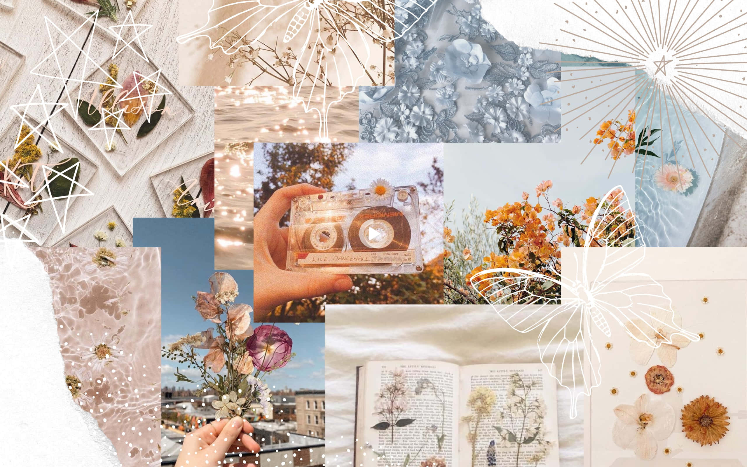 Vanilla Girl Aesthetic, dried flowers, vintage cassette tape, 2K Desktop Wallpaper