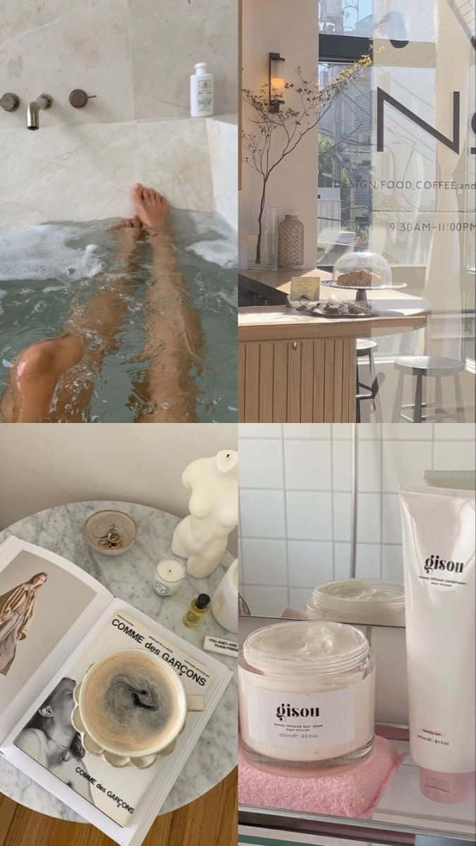 Vanilla Girl Aesthetic, bathroom collage, feet in a bubble bath, SD Phone Wallpaper
