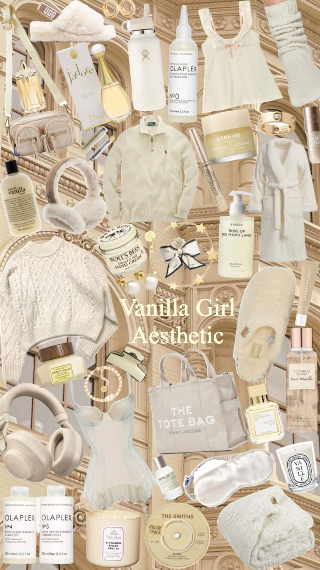 Vanilla Girl Aesthetic, cream sweaters, skincare products, Full HD Phone Wallpaper