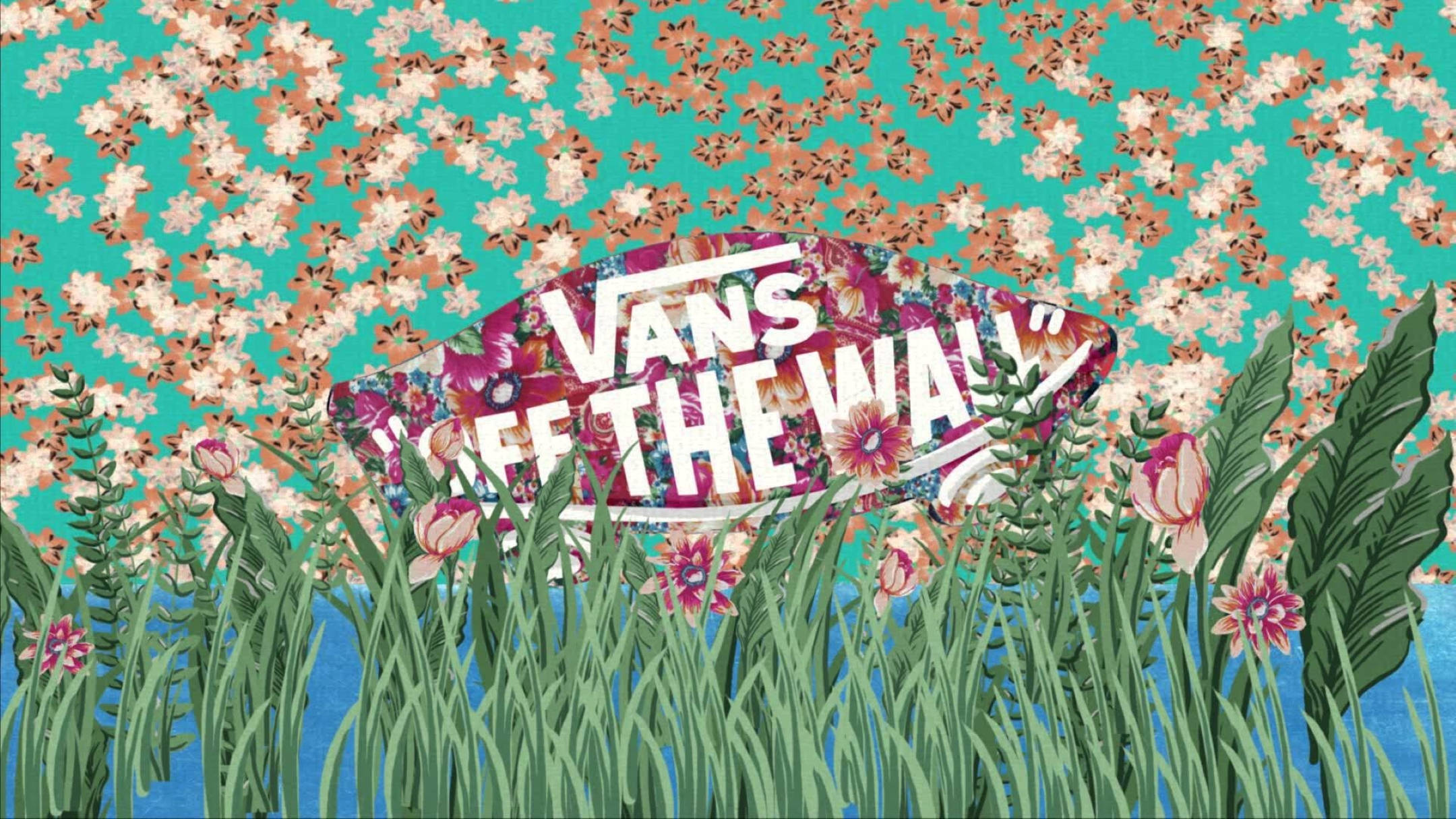 Vans Logo, floral pattern, teal background, Full HD Desktop Wallpaper