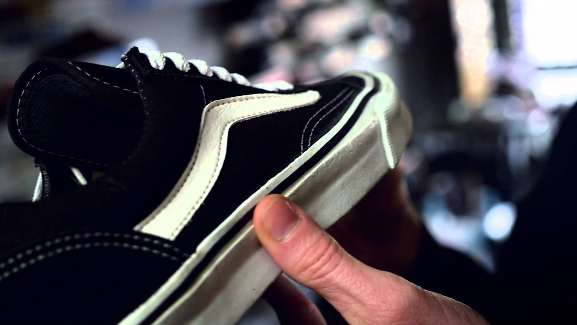 Vans Off The Wall, black and white Vans sneaker, visible stitching, Full HD Desktop Wallpaper