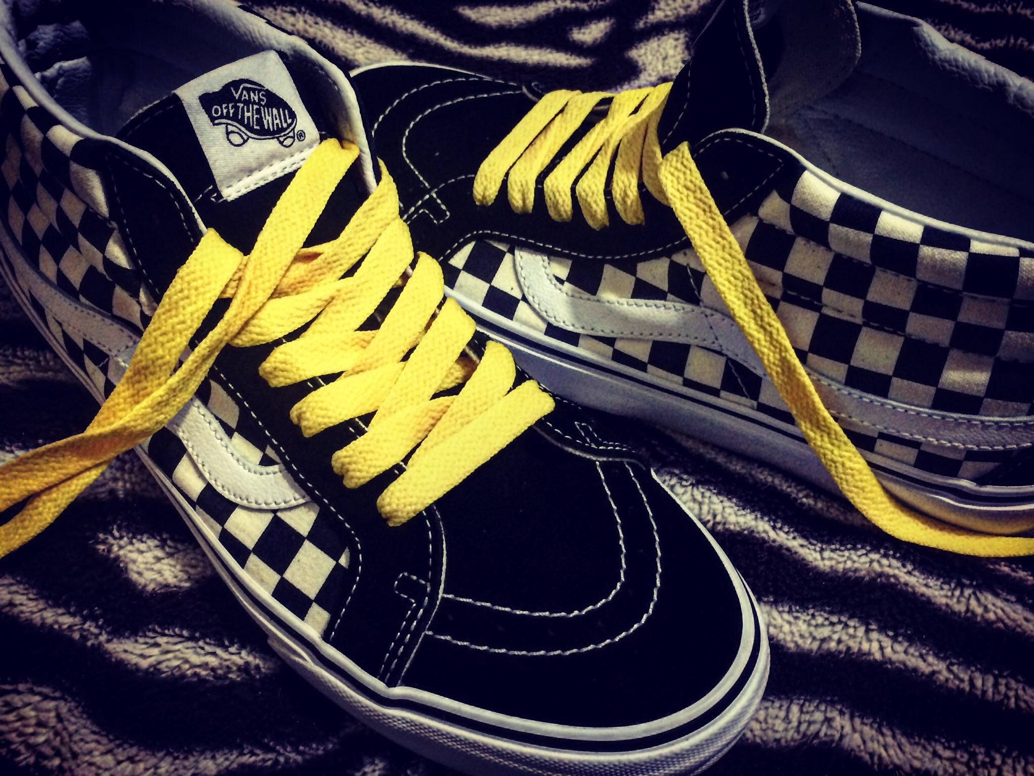 Vans Off The Wall, yellow laces, black and white checkered, Full HD Desktop Wallpaper